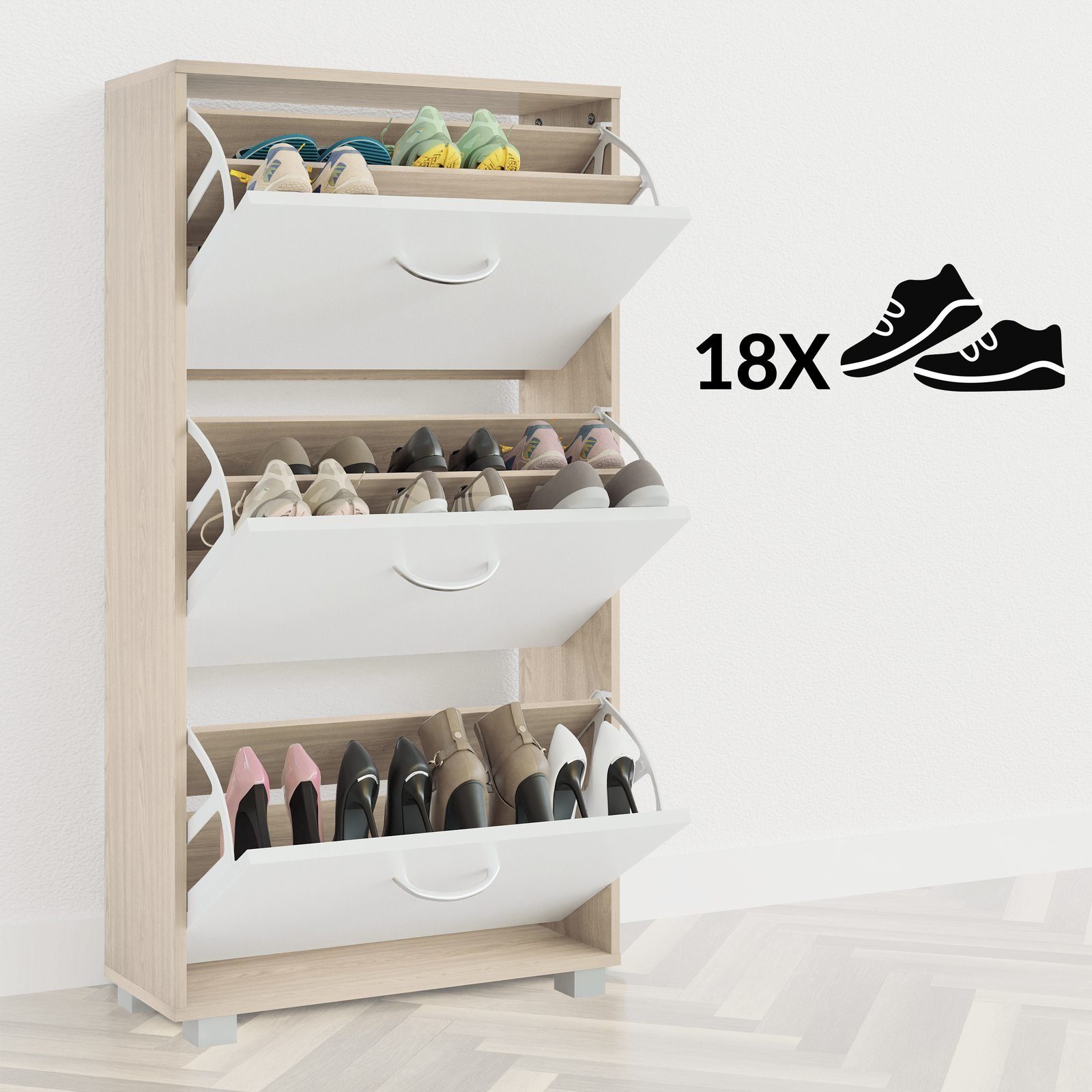 Casaria Schuhschrank (1-St) für 18 Paar Schuhe 3 Klappen Verstellbar 115x60x25cm Kippsicherung