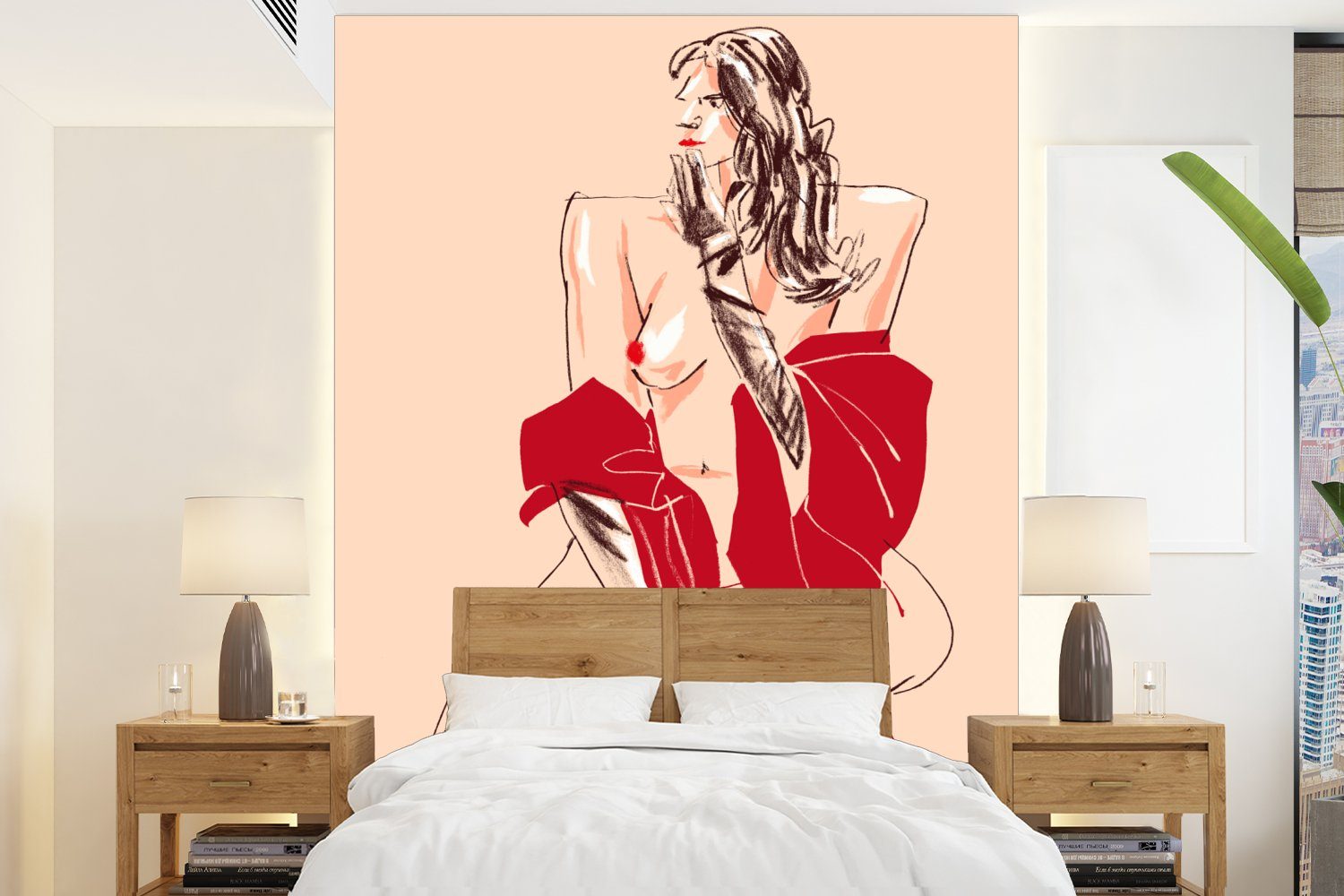 MuchoWow Fototapete Frau - Porträt - Pastell - Rot, Matt, bedruckt, (4 St), Montagefertig Vinyl Tapete für Wohnzimmer, Wandtapete