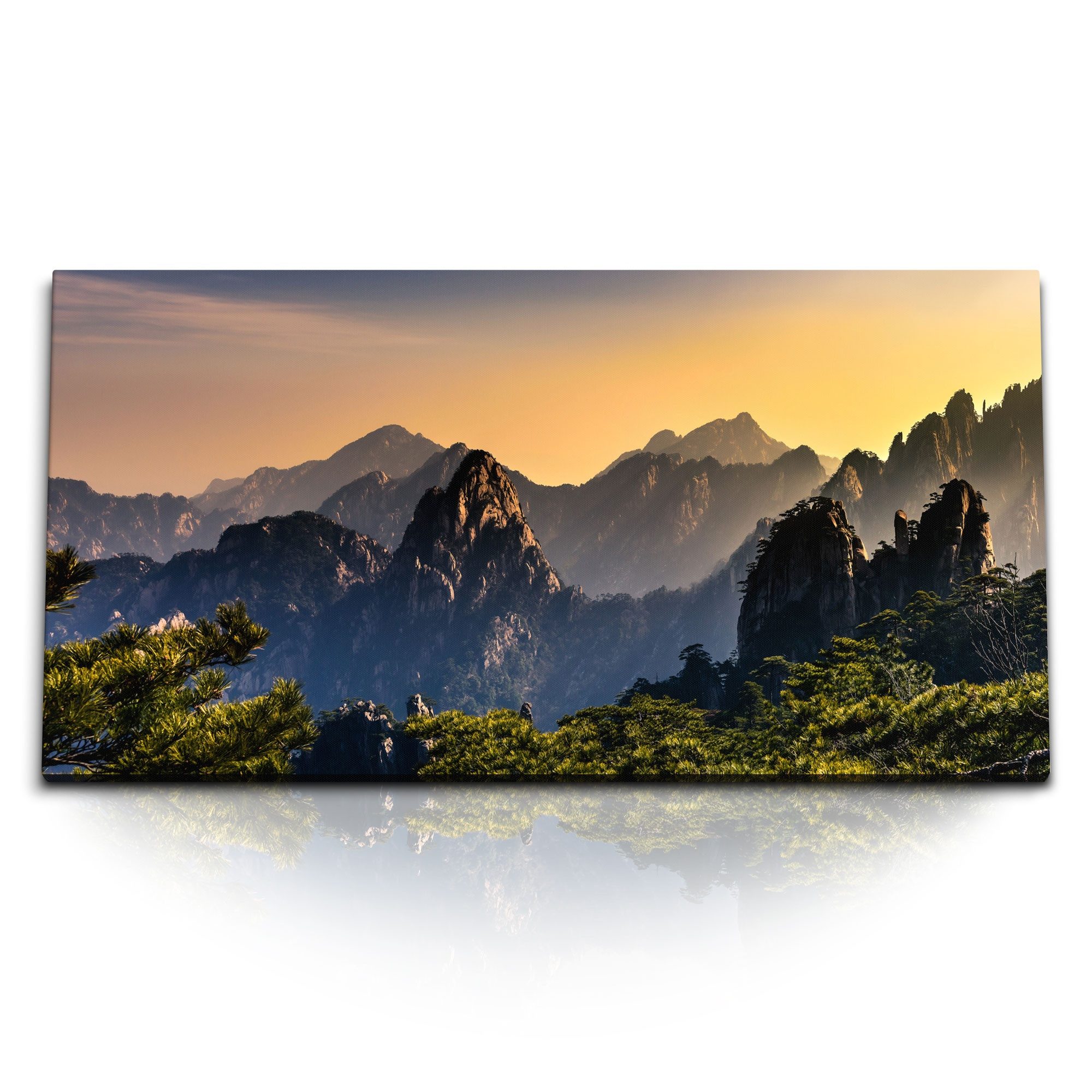 Sinus Art Leinwandbild Kunstdruck Bilder 120x60cm Huang Shan Gebirge China Berge Sonnenunterg, (1 St)