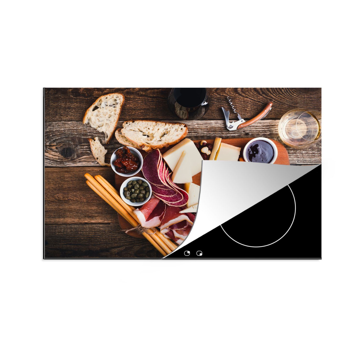 MuchoWow Herdblende-/Abdeckplatte Schneidebrett mit Käse und Fleisch, Vinyl, (1 tlg), 81x52 cm, Induktionskochfeld Schutz für die küche, Ceranfeldabdeckung