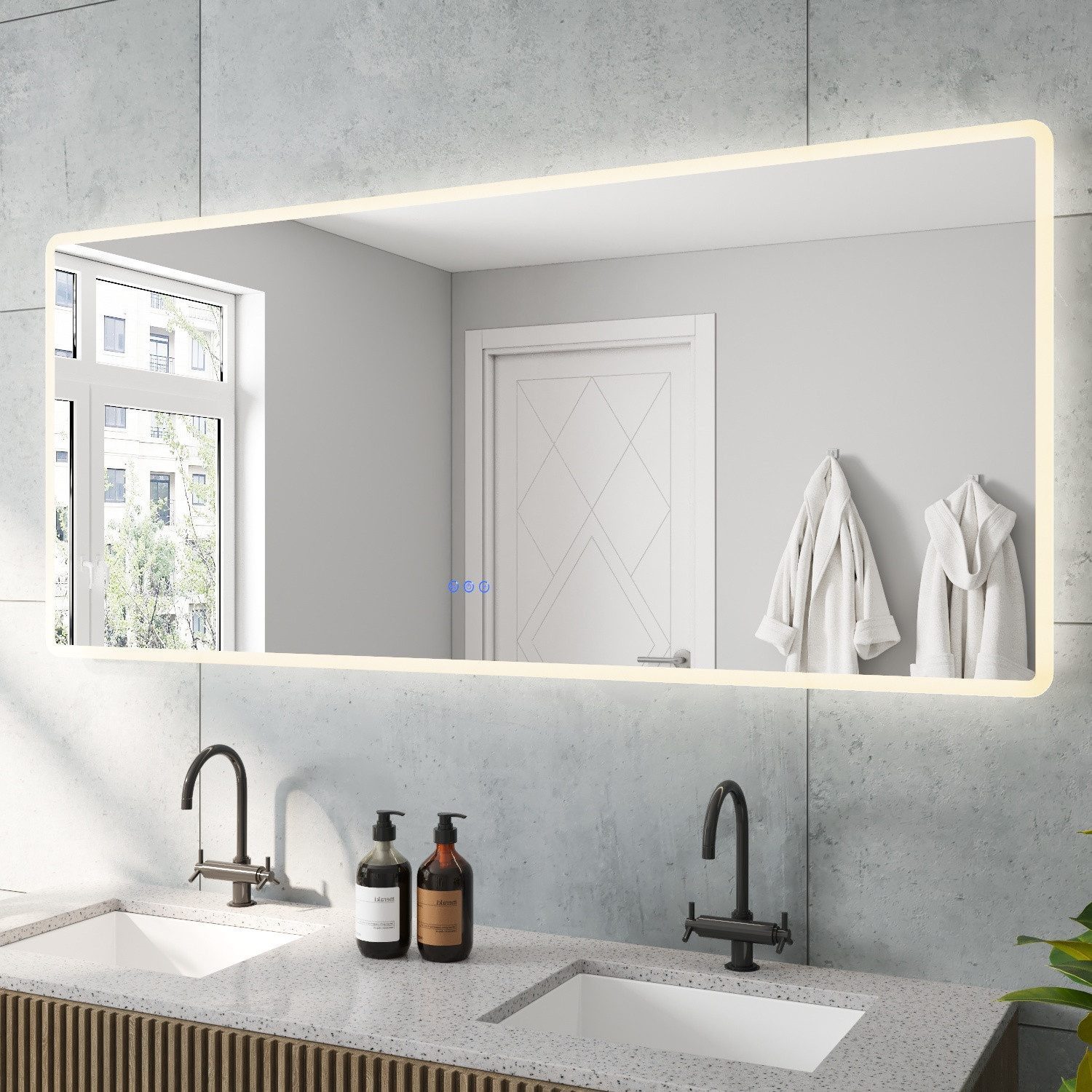 AQUALAVOS LED-Lichtspiegel großer Badezimmerspiege Doppelwaschbecken Spiegel mit LED Dimmbar, 160x70 cm, große Größe, Beschlagfrei, 2 Lichtfarbe Warmweiß/Kaltweiß