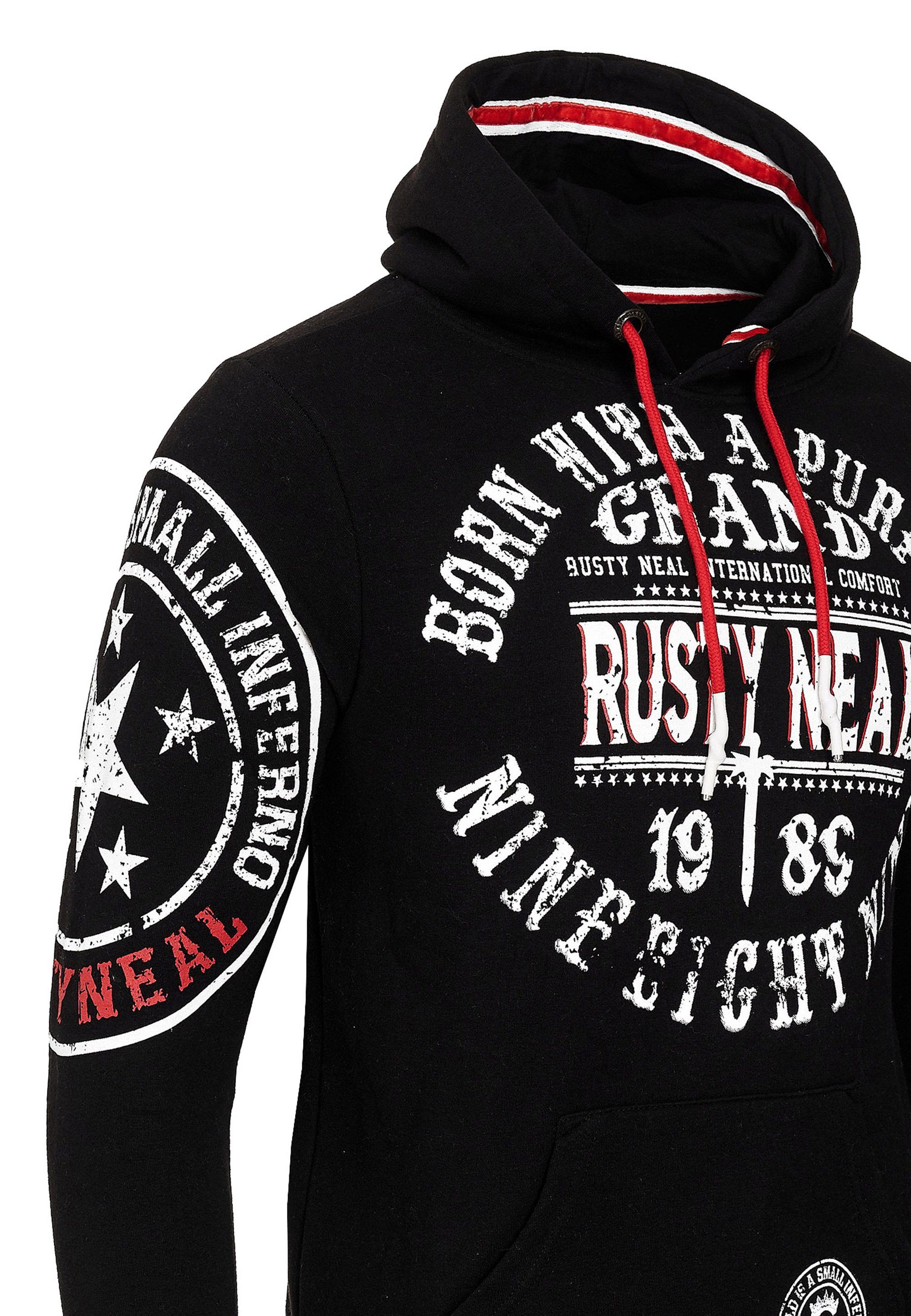Rusty Neal mit Markenprints Kapuzensweatshirt coolen schwarz-weiß