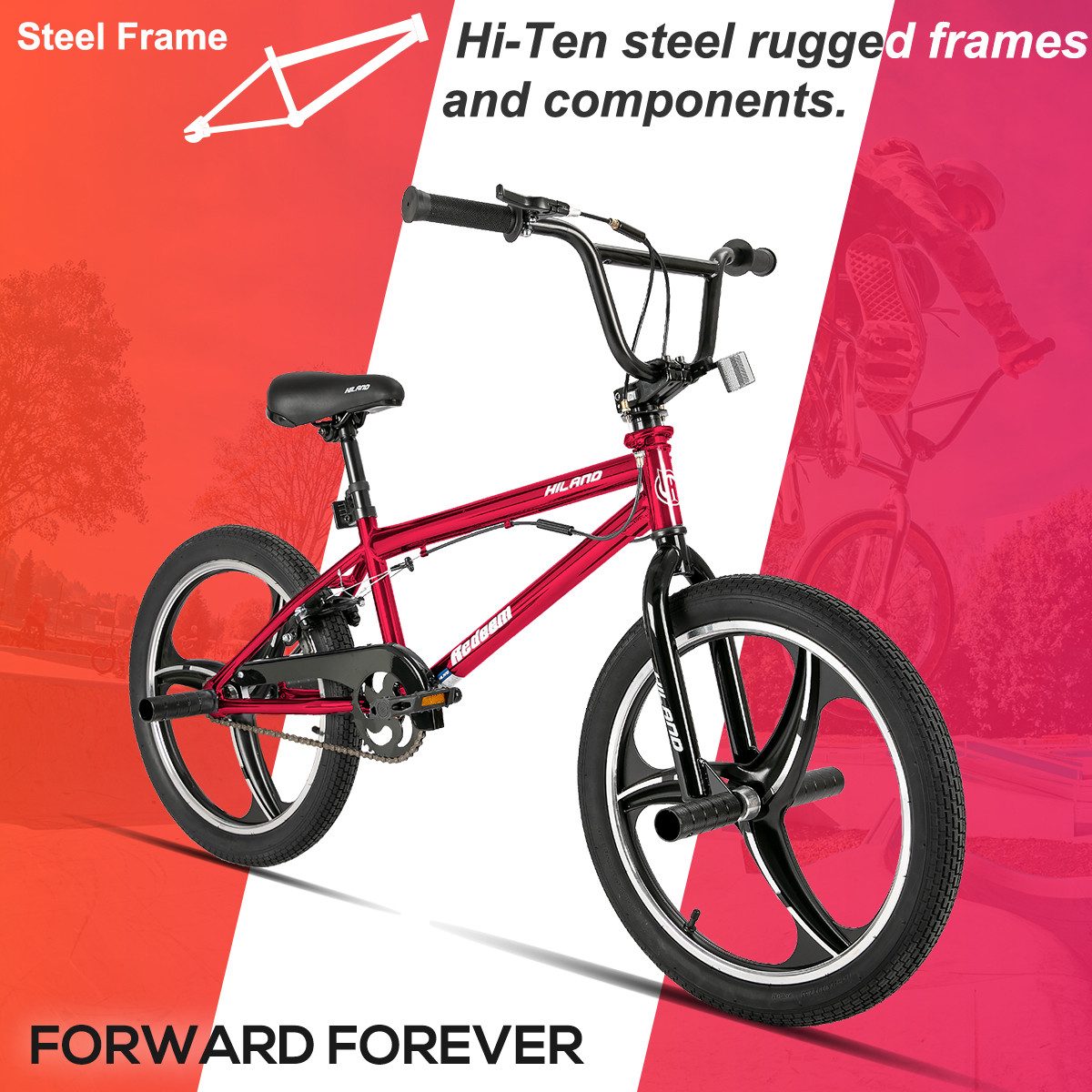 HILAND BMX-Rad 20 Zoll 3-Speichen Kinder BMX Rad für Jungen & Mädchen 5–12 Jahre, 360 Degree Rotor Freestyle, 4 Pegs Single Speed
