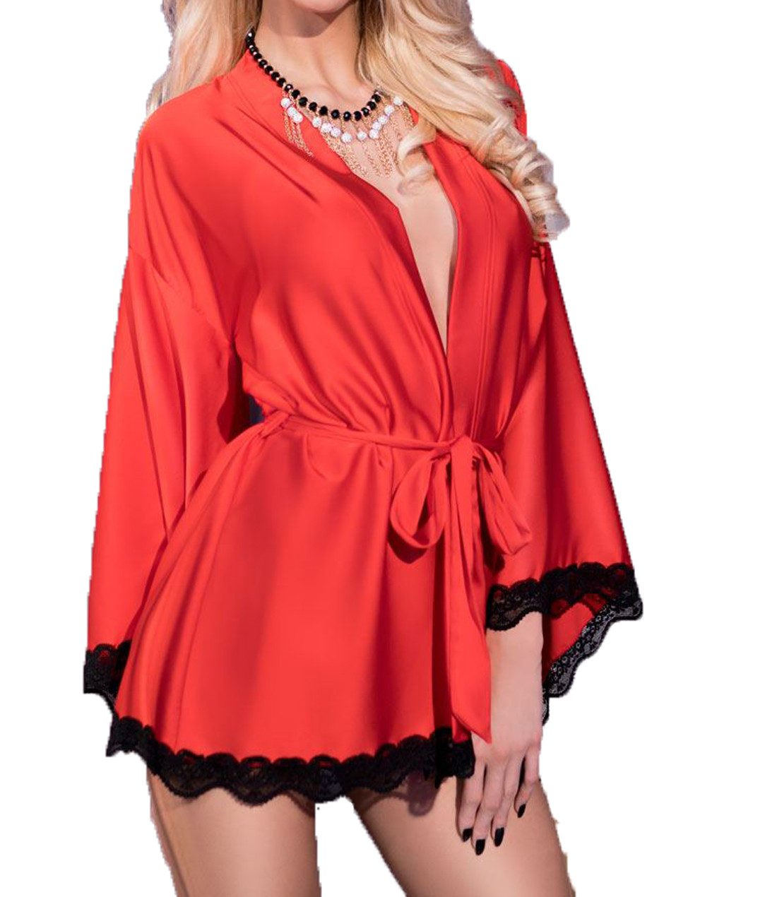 Chilirose Morgenmantel Elegante Damen Dessous Robe Morgenmantel und String in rot schwarz aus