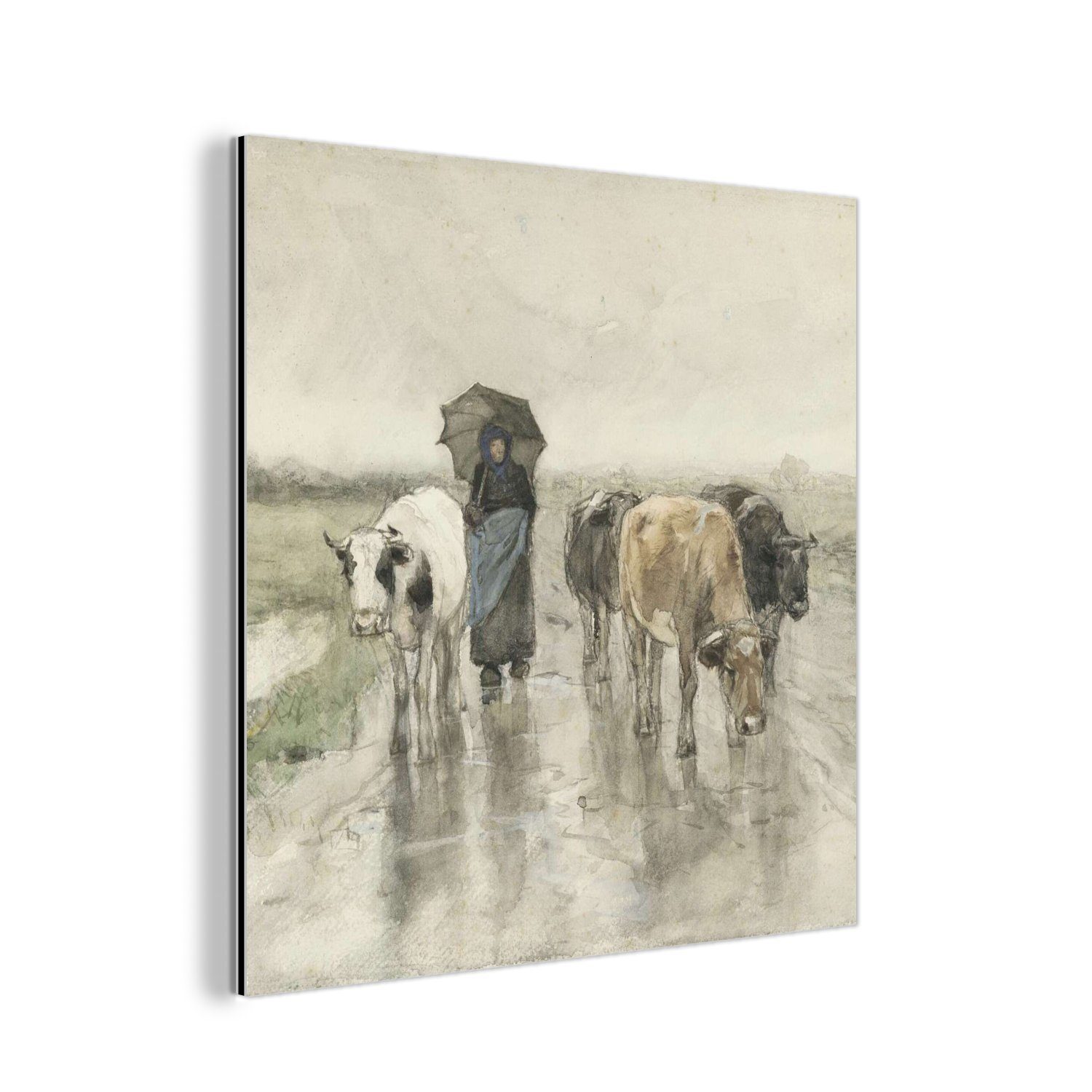 MuchoWow Metallbild Eine Bäuerin mit Kühen auf einer Landstraße im Regen - Gemälde von, (1 St), Alu-Dibond-Druck, Gemälde aus Metall, Aluminium deko