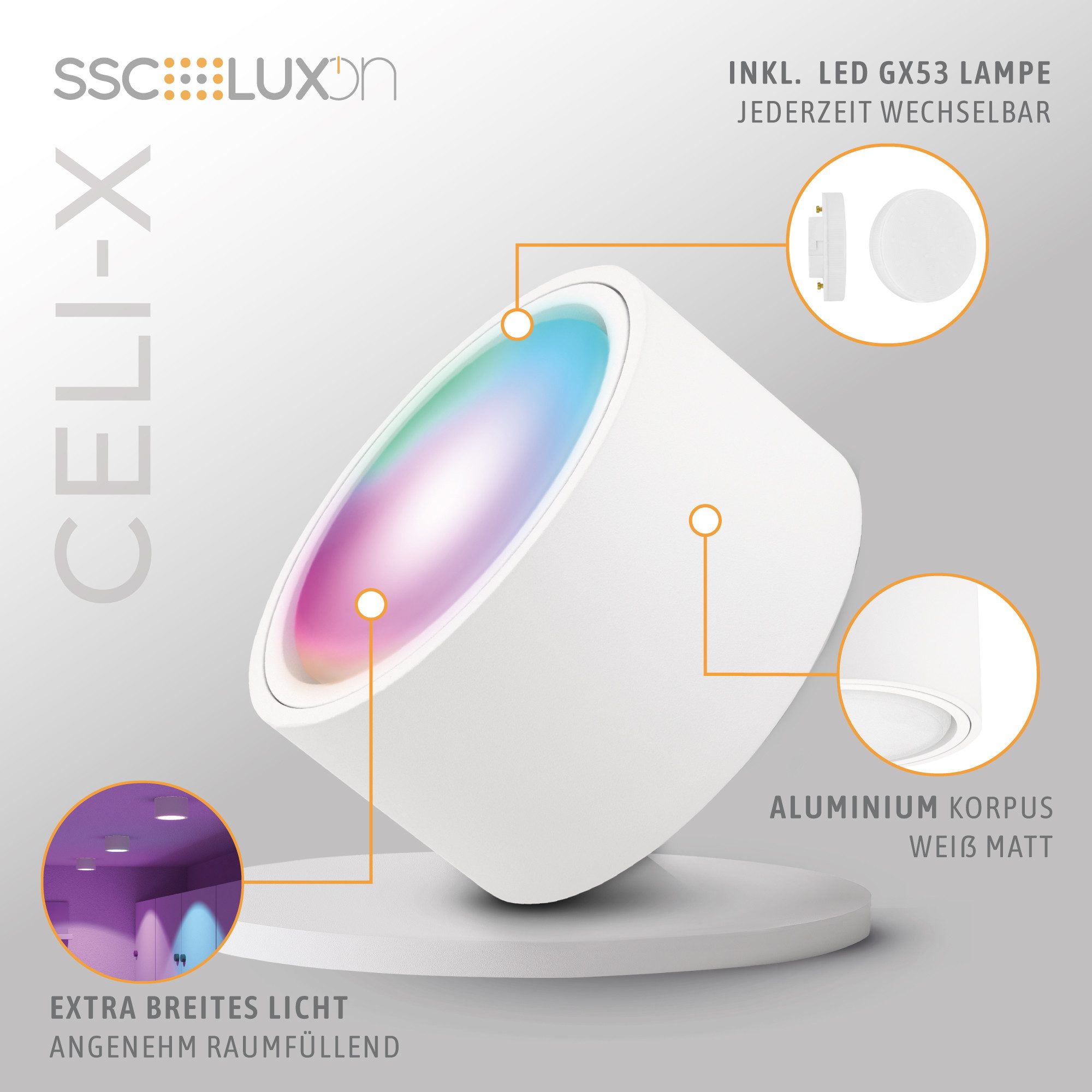 SSC-LUXon LED Aufbaustrahler CELI-X flacher Aufbaustrahler in weiss rund mit Smart WLAN RGB LED GX, Smart