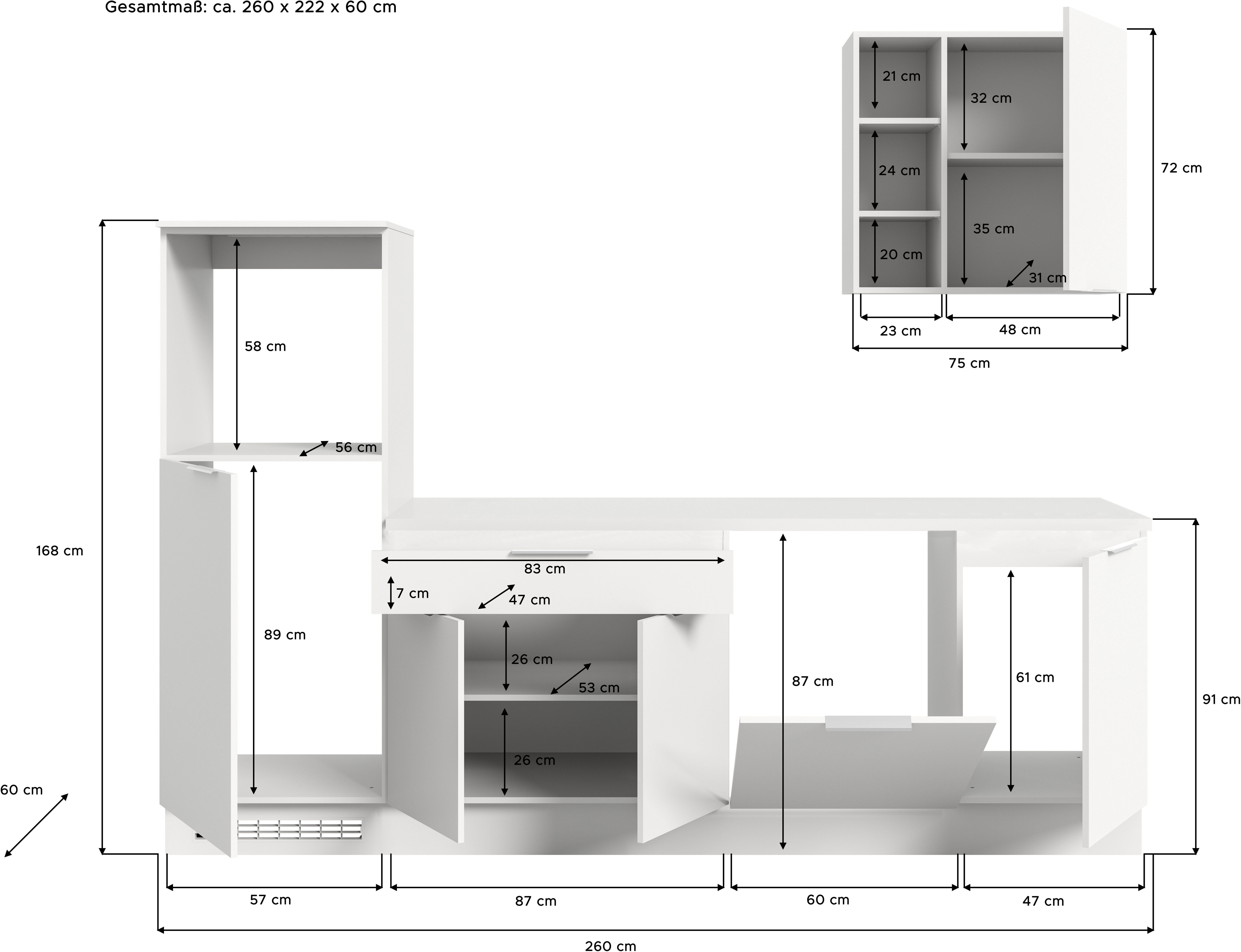 KOCHSTATION Küchenzeile KS-Lulea, Breite 260 cm, ohne E-Geräte, mit 3 cm starker Arbeitsplatte