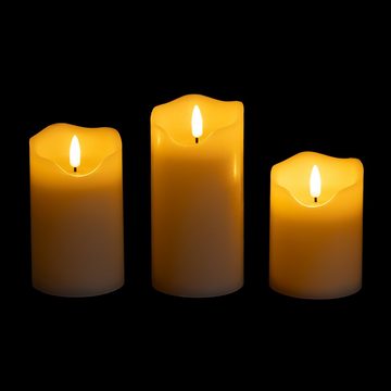 kamelshopping LED-Kerze Echtwachs LED Kerzen mit Timer, 3er Set (3-tlg), realistische 3D Docht-Flamme mit Flacker-Effekt, 3 Größen, Ø 7,5 cm
