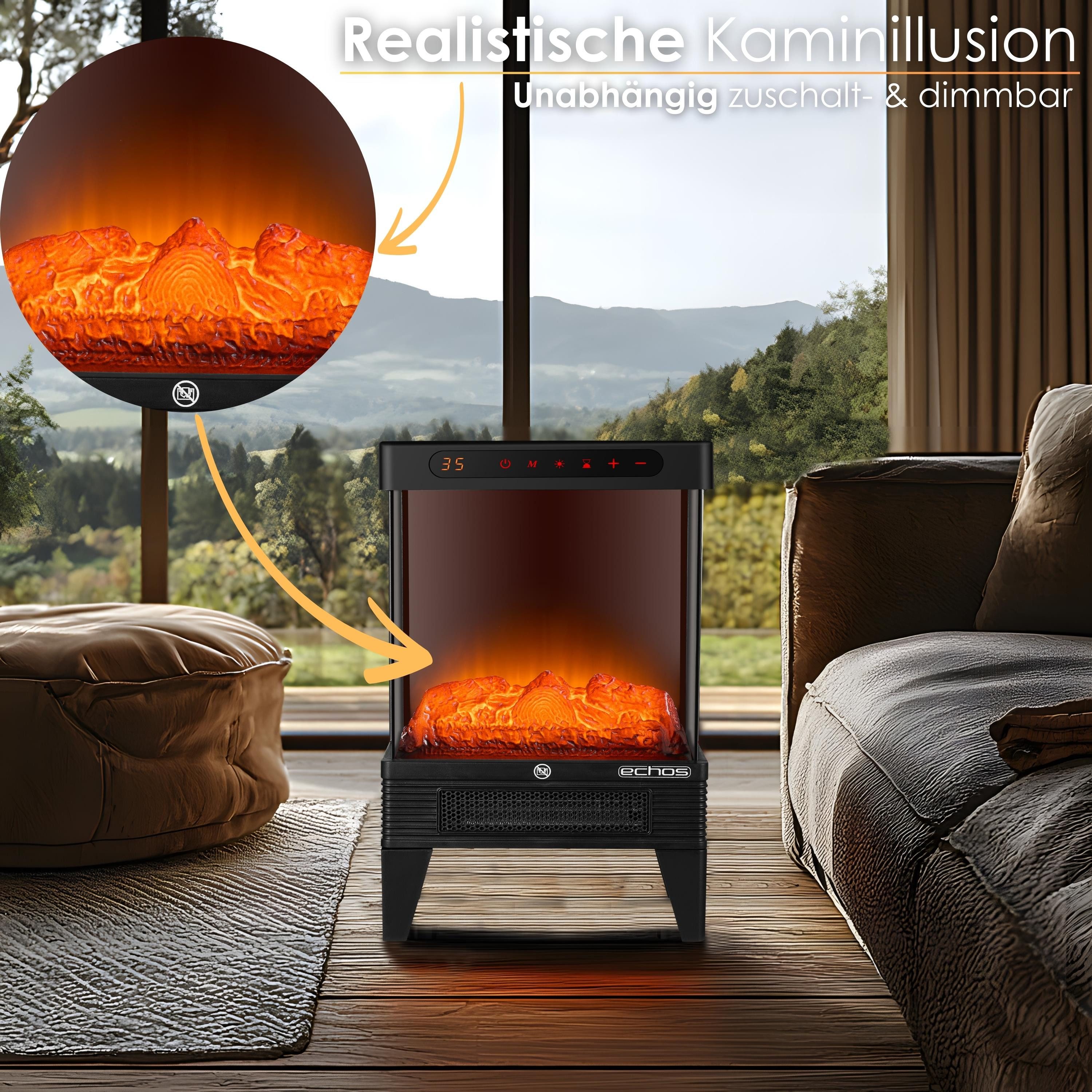 echos Heizlüfter Eco-3511, 1500 W, Realistische Kaminillusion, 2 Heizstufen, Touch Bedienfeld, Timer