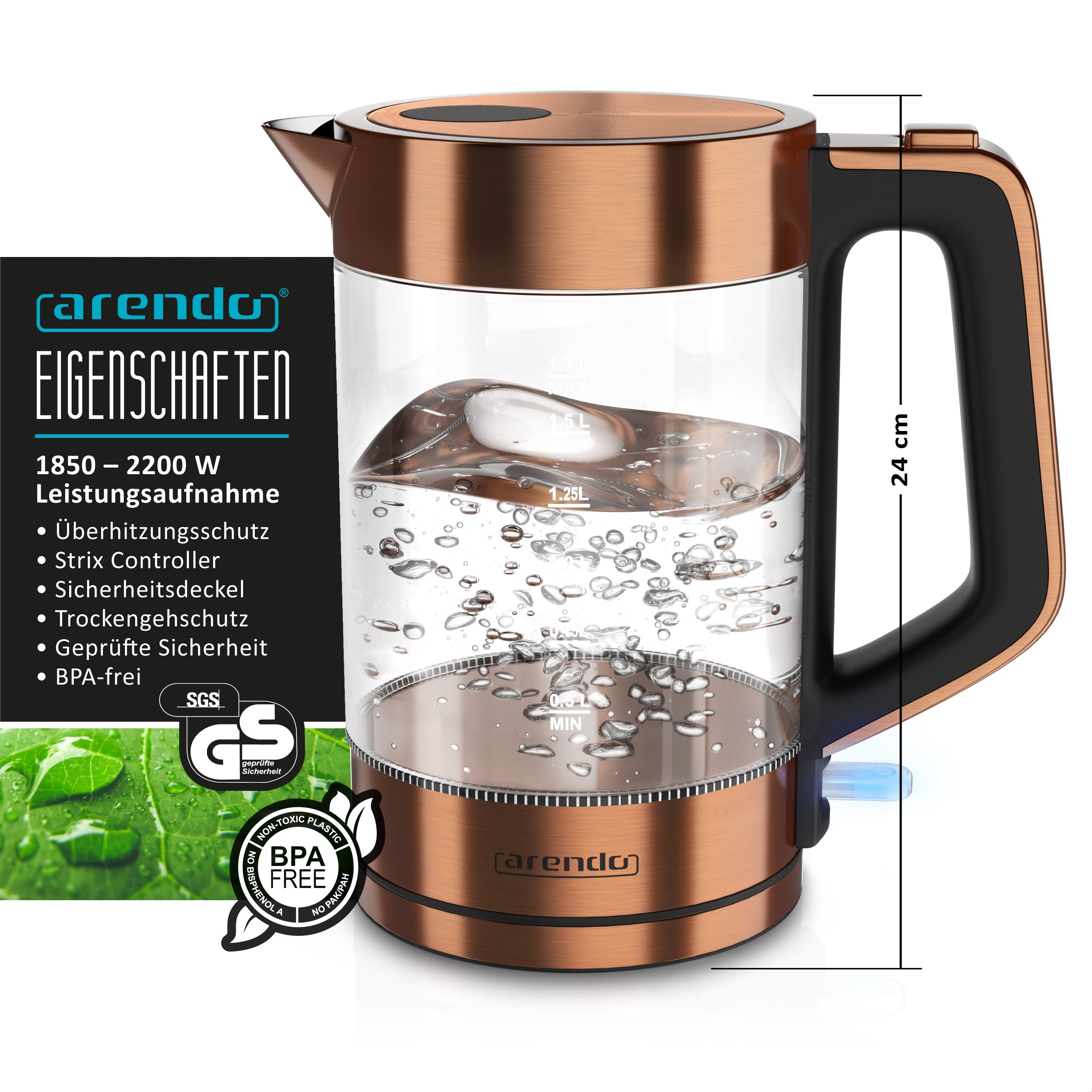 Arendo Frühstücks-Set (2-tlg), Wasserkocher 1,7l & 2-Scheiben Langschlitz Toaster, Edelstahl, Kupfer