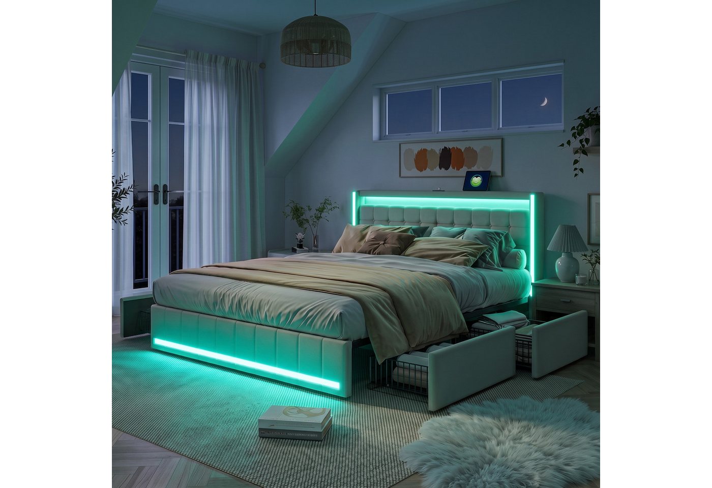 PXloue Polsterbett LED Doppelbett 140x200 cm (Inklusive USB-Typ-C-Ladeanschluss), Stauraumbett,mit Bettrahmen und 4 Schubladen,140x200cm,Leinen