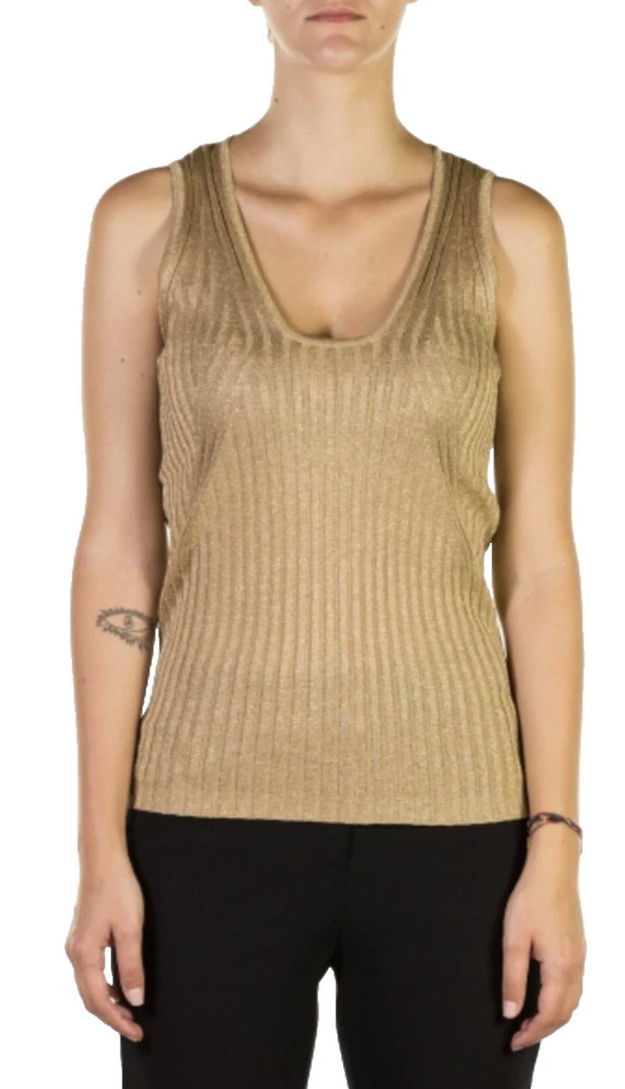 Emporio Armani Stricktop Damen Strick Tank Top Gold, ärmellos mit Glanzeffekt Rippstrick-Struktur mit metallische Fasern