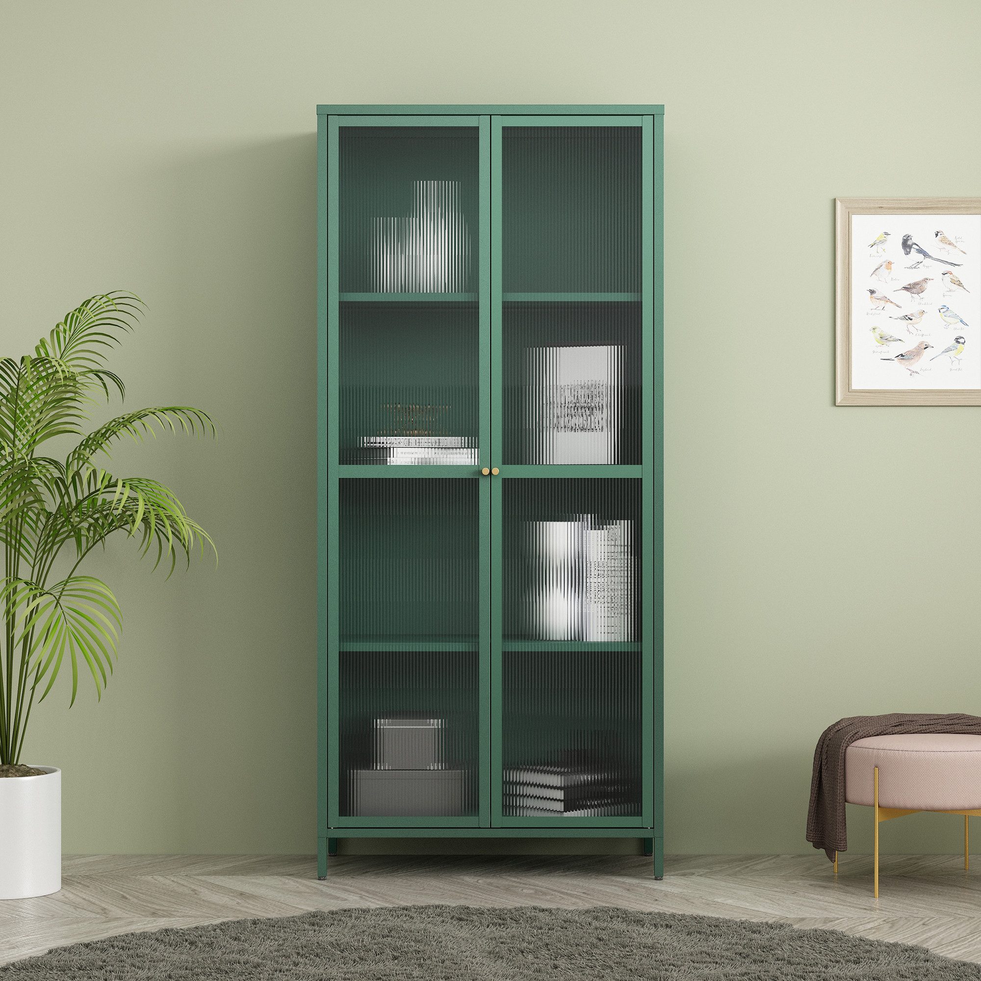 en.casa Vitrine »Säkylä« mit 2 Türen Stahl 180 x 80 x 35 cm Tannengrün
