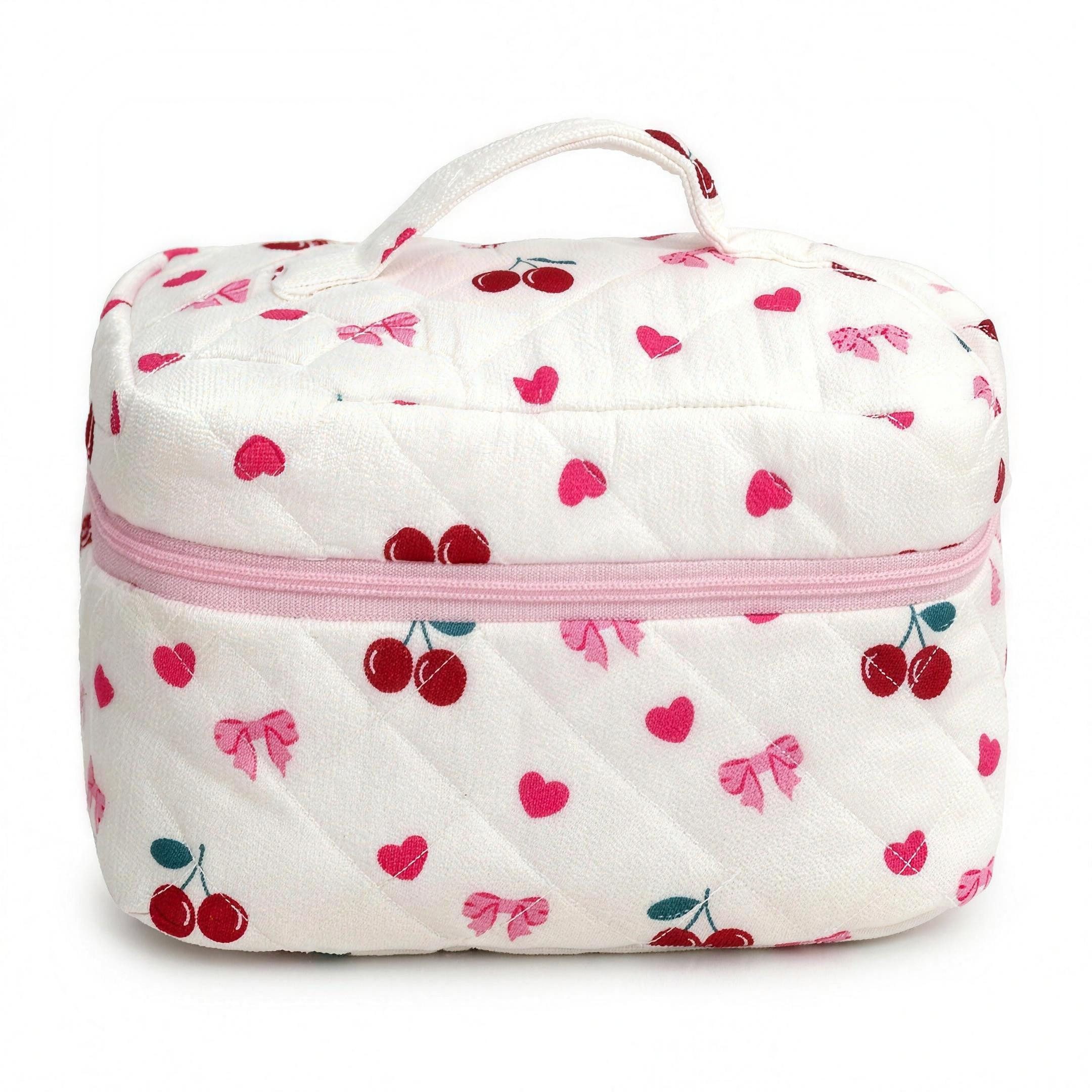 H-basics Kosmetikkoffer Kirschen-Design gesteppt Weiß-Rosa 16x16x25 cm