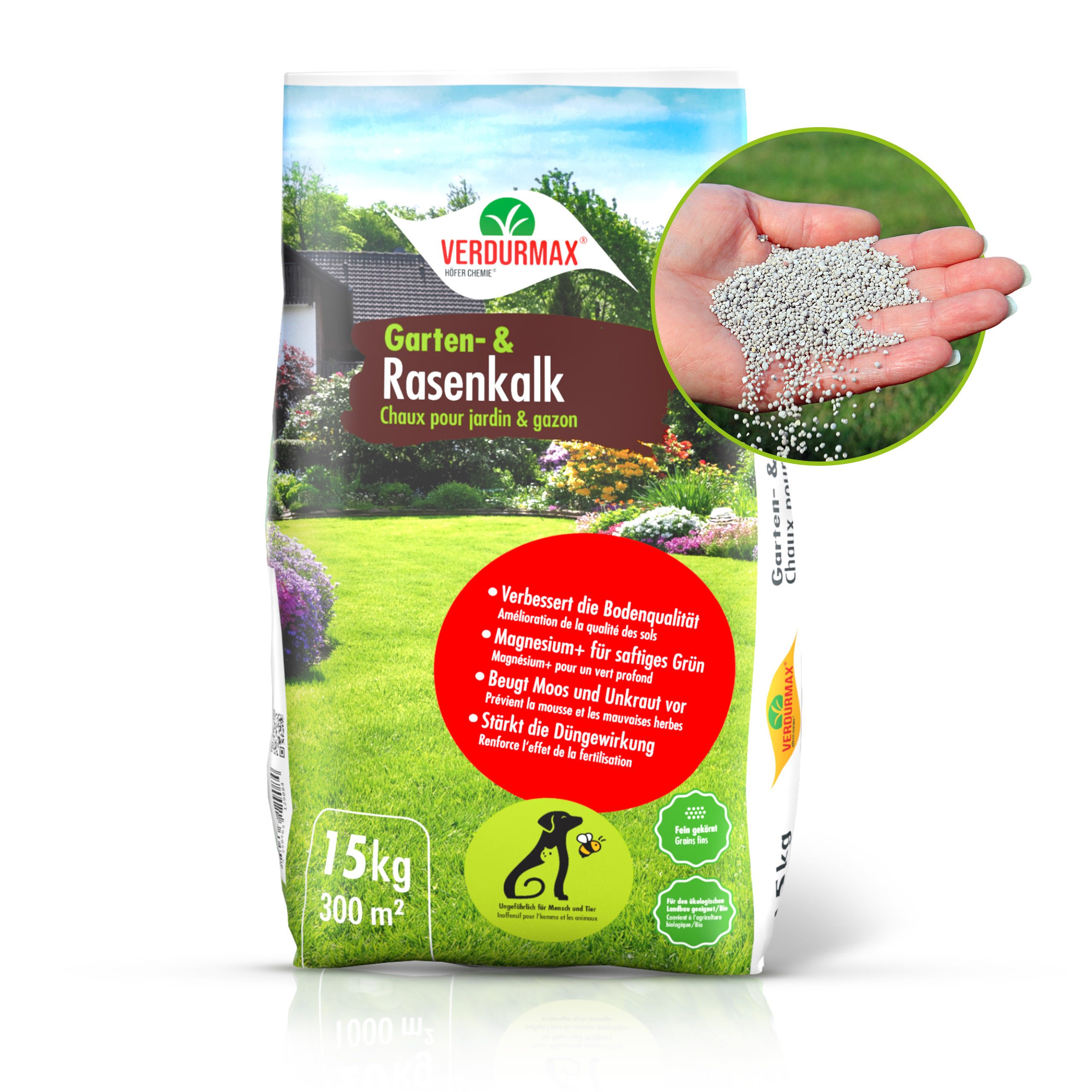 Höfer Chemie GmbH Rasenkalk 15 kg VERDURMAX® Garten- und Rasenkalk, Rasenkalk, 1-St., Verbessert den Boden und stärkt den Rasen