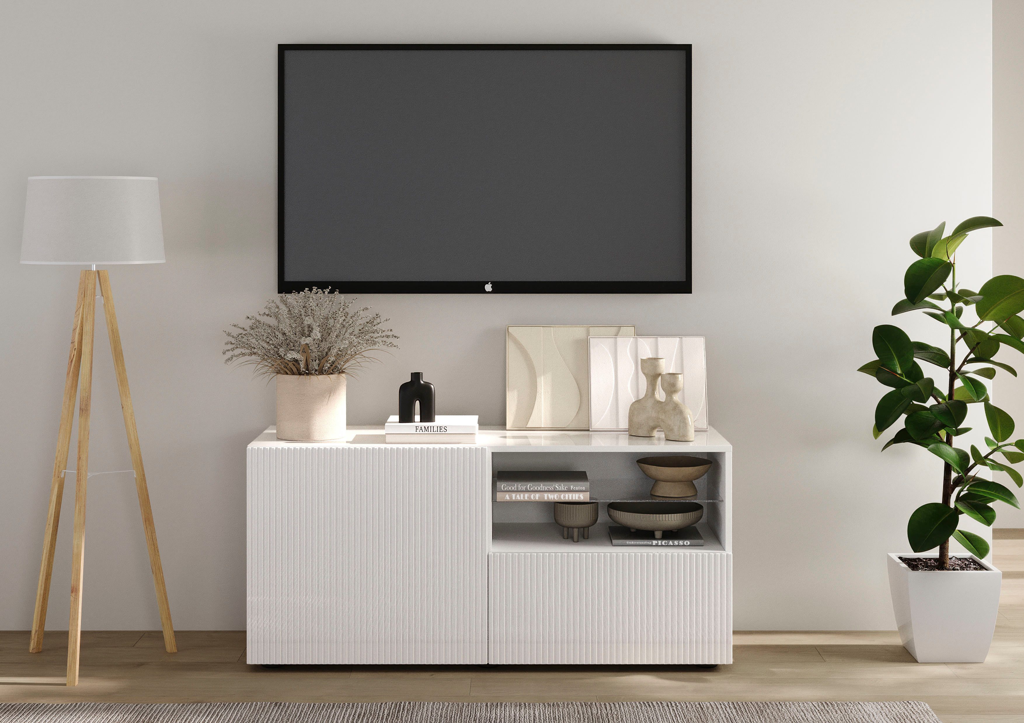 Home affaire Lowboard Rio Breite 120 cm, TV-Board 1 Tür u. 1 Schubkasten, TV-Schrank, geriffelte MDF-Fronten, modern u. elegant, Kabelführung, platzsparend