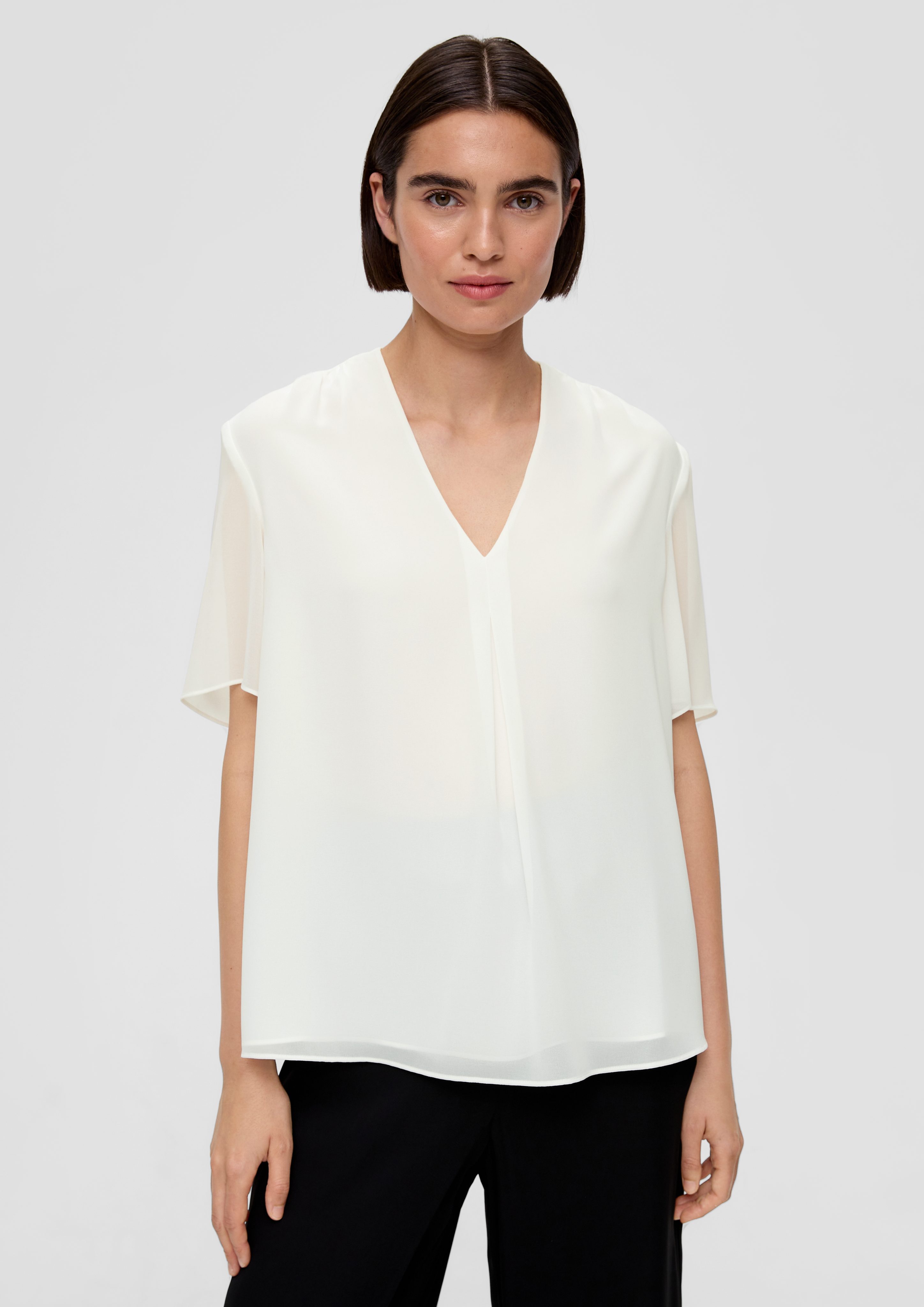 s.Oliver BLACK LABEL Kurzarmbluse Bluse mit V-Ausschnitt Raffung creme