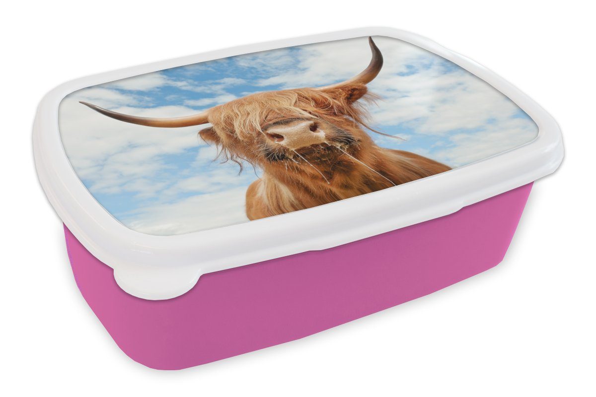 MuchoWow Lunchbox Schottischer Highlander - Snackbox, Mädchen, Wolke Kunststoff, Kinder, Brotbox (2-tlg), Erwachsene, rosa Kunststoff Tiere, - für Brotdose