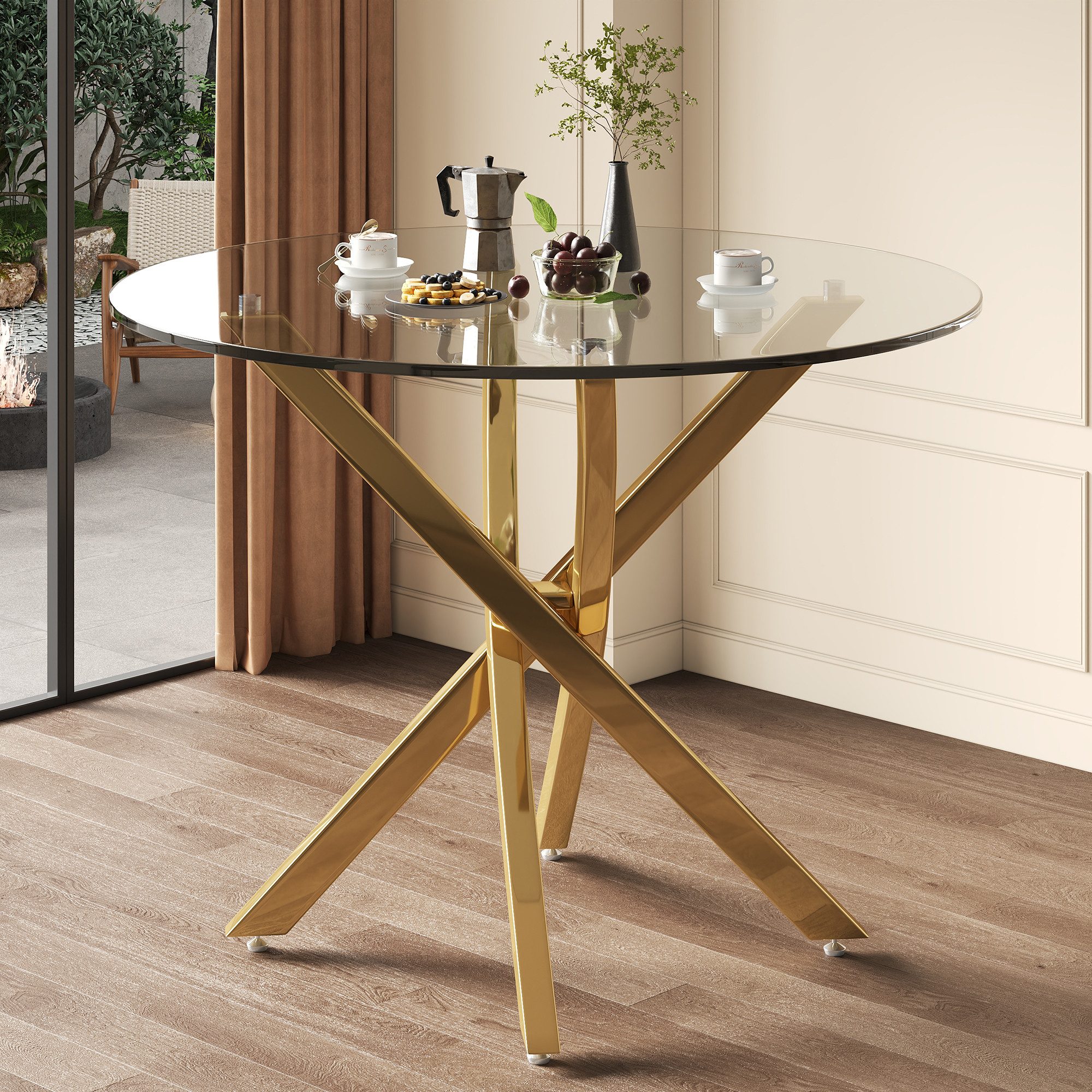 Flieks Esstisch runder Tisch Multifunktionstisch (galvanisierte Tischbeine mit verstellbaren Fußpolstern in goldfarben, 1-St., 1 Tisch, B80xH75 cm), moderner Küchentisch Arbeitstisch, Tischplatte aus gehärtetem Glas