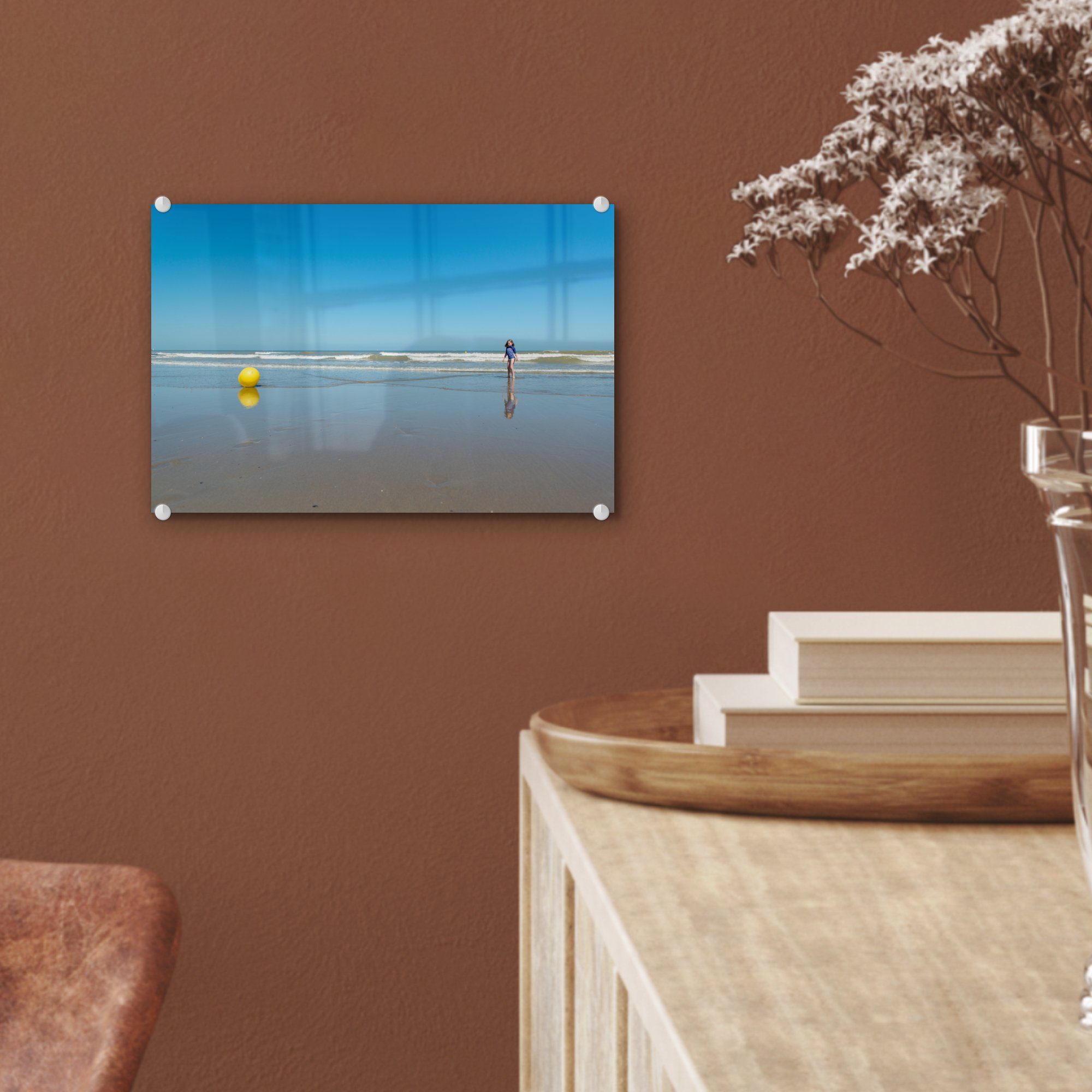 Acrylglasbild Glasbilder Glas Foto St), - MuchoWow Strandball (1 Wanddekoration Nordsee - - - Gelb, auf - Glas Wandbild auf Bilder