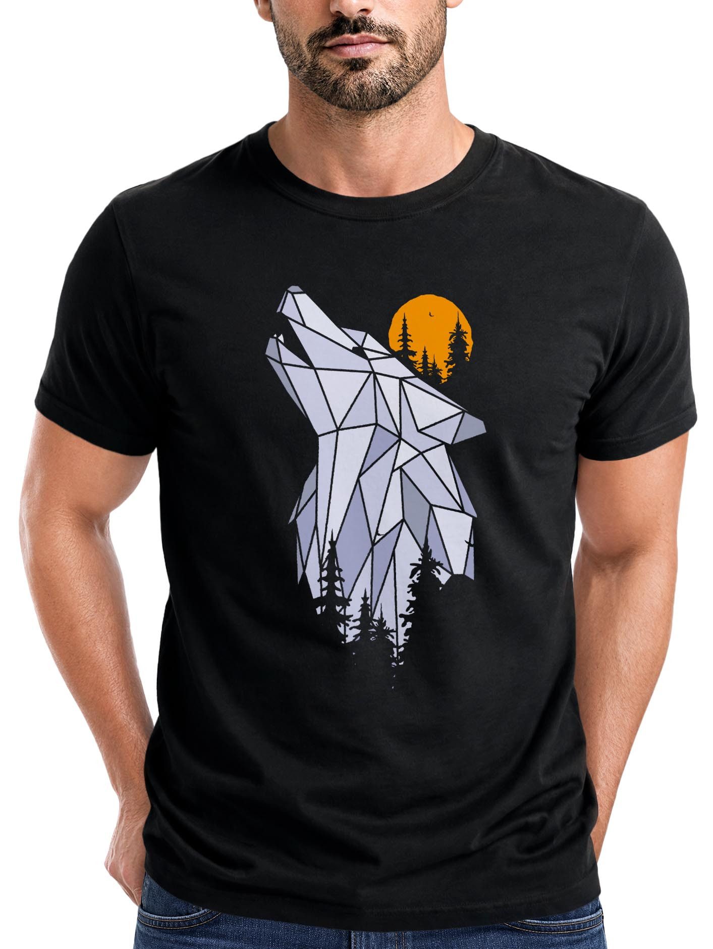 Print-Shirt Herren T-Shirt Polygon Print Wolf Wald Outdoor Adventure Natur