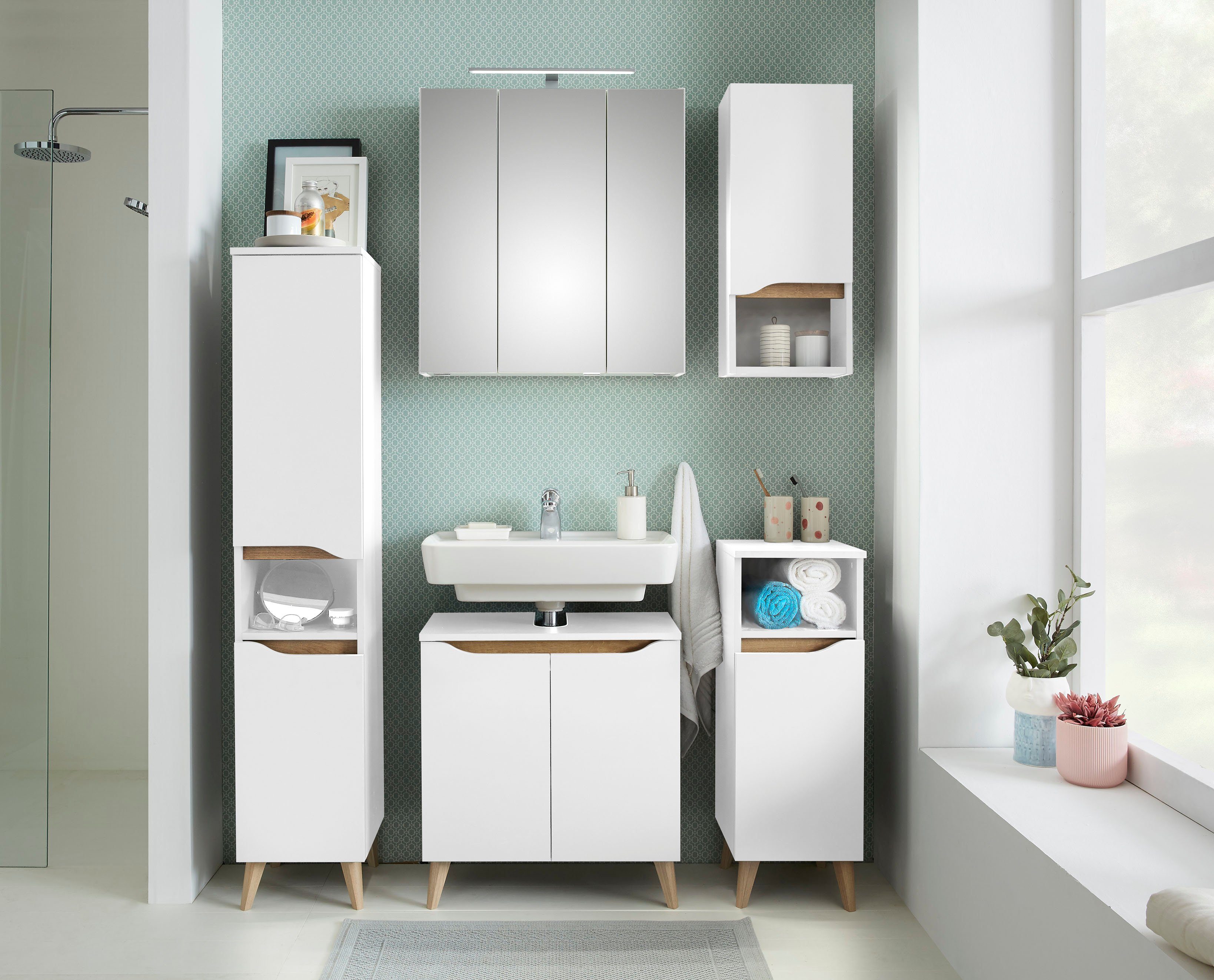 Badmöbel-Set Quickset 5-teilig, Waschbeckenunterschrank mit LED-Spiegelschrank