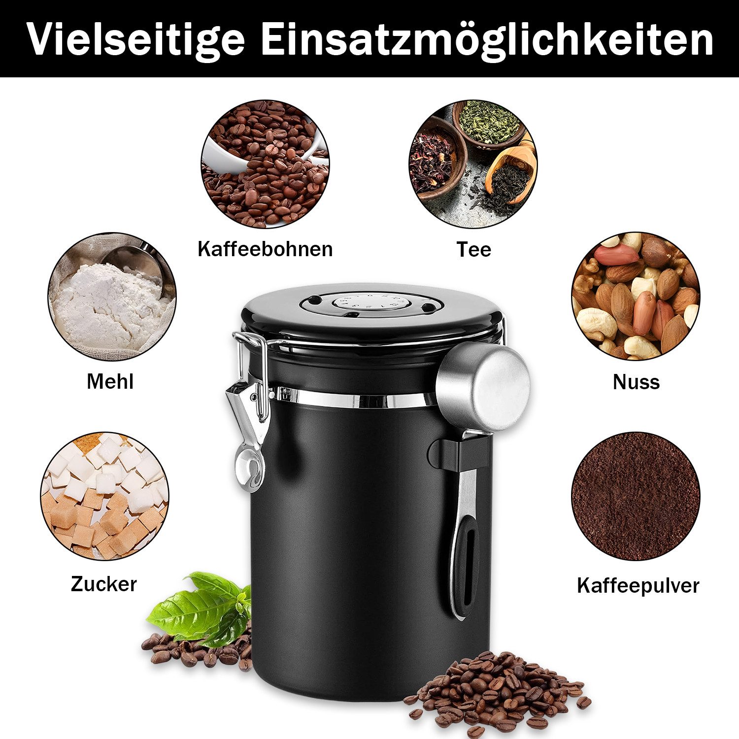 AKKEE Kaffeedose Edelstahl Luftdicht Kaffeebohnen Vorratsdose Mit Löffel, Luftdichte Kaffeebehälter