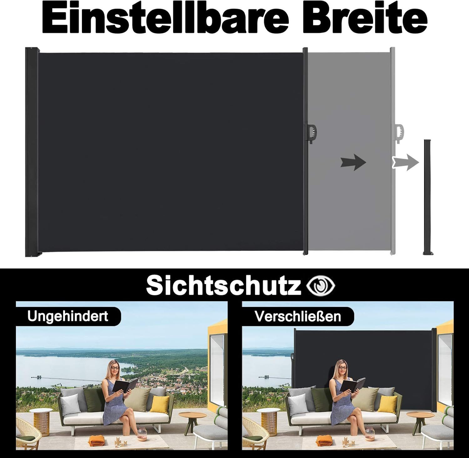 FIVMEN Seitenmarkise Ausziehbar Blickdicht Sonnenschutz mit Wandhalterung Sichtschutz Markise für Balkon, Terrasse, Garten