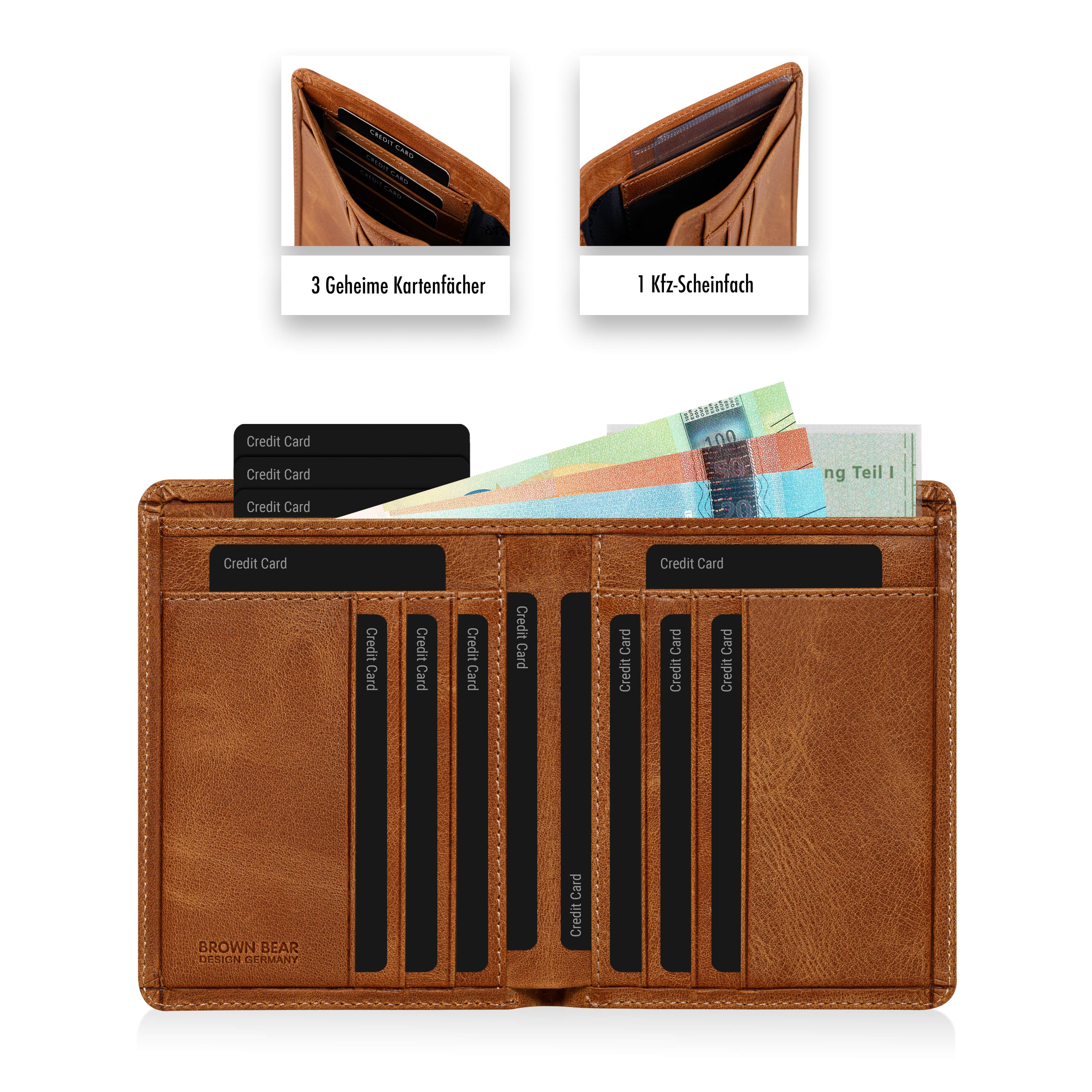 Brown Bear Geldbörse Classic 8015 mit 9 Kartenfächern und RFID-Schutz, aus Echtleder Farbe Cognac Vintage