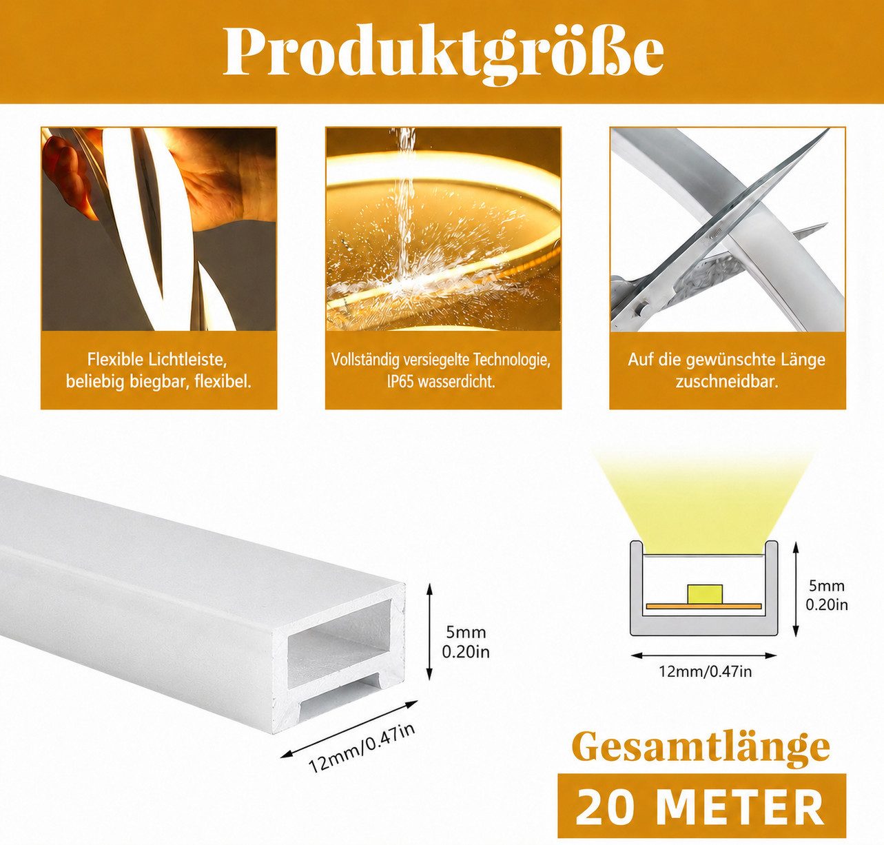 LED-Stripe-Profil Silikonleiste 20 Meter – 12 x 5 mm Diffusorprofil für Akustikpaneele, Nur Silikonleiste ohne LED Beleuchtung!