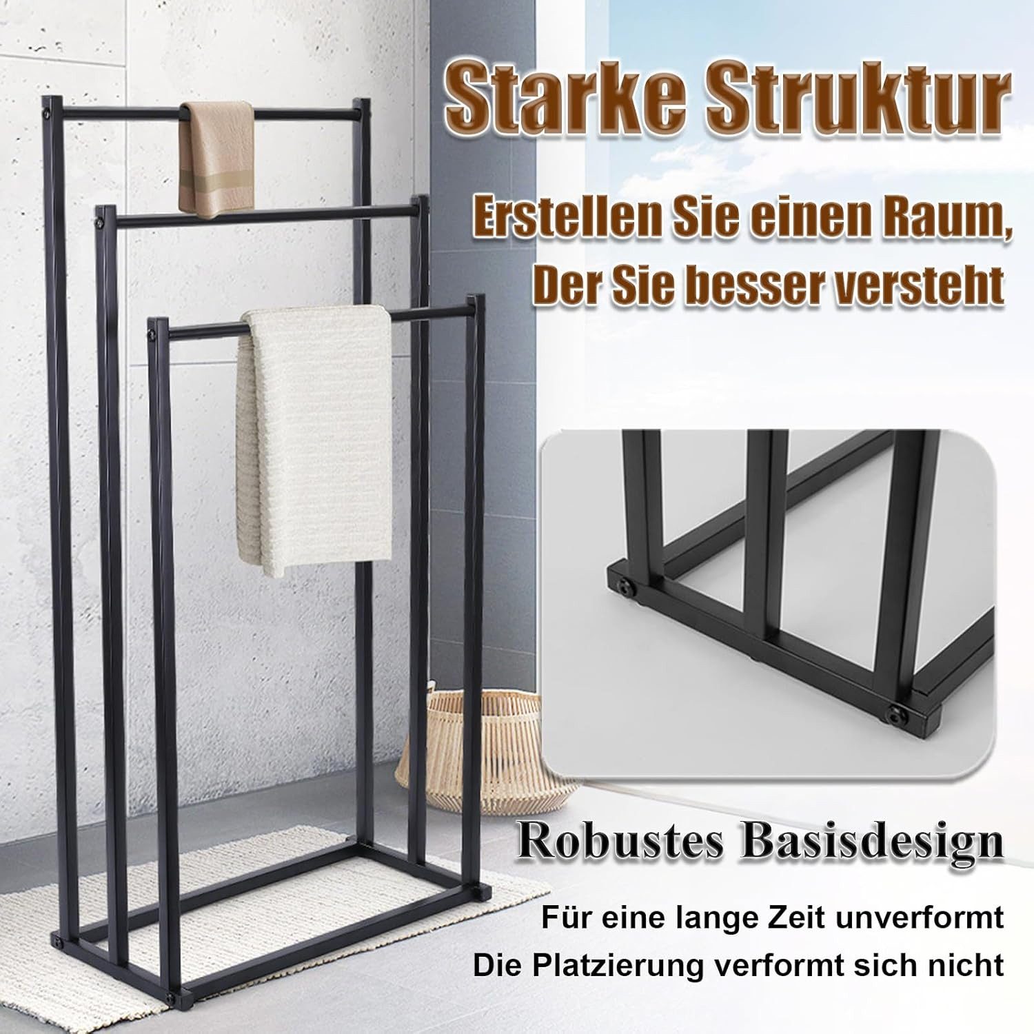 ibettertec Wäscheständer Wäscheständer mit 3 Stangen aus Metall, Handtuchhalter, Beweglich, Handtuchhaken,Badezimmeraufbewahrung,für Badezimmer