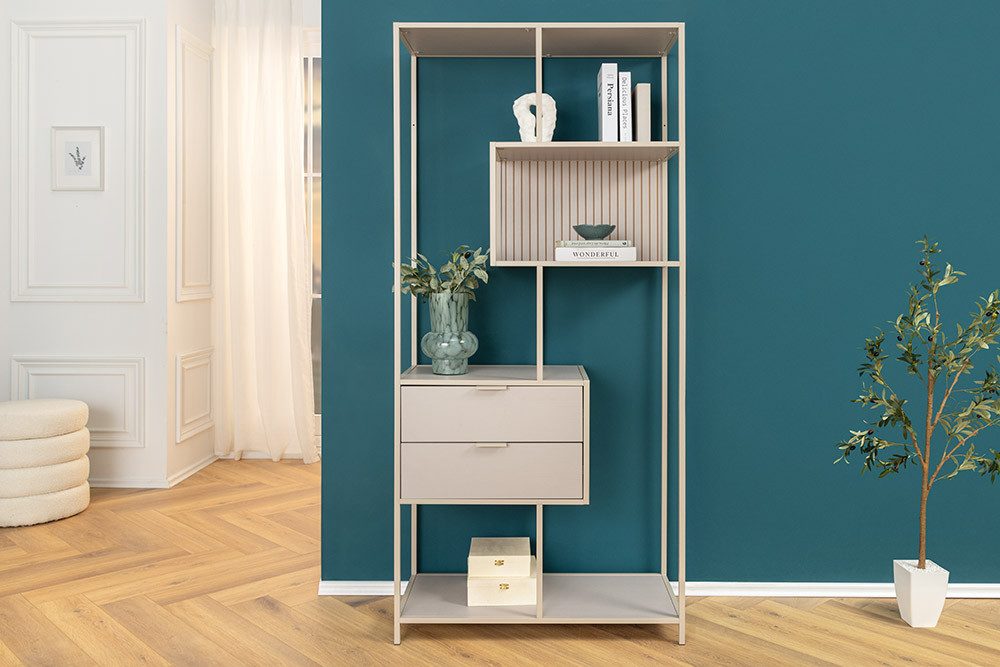 riess-ambiente Bücherregal SLIM LINE 185cm champagner beige Metall · Raumteiler mit Schubladen, Einzelartikel 1-tlg., Mehrzweckregal fürs Wohnzimmer mit 4 Fächern · Industrial Design