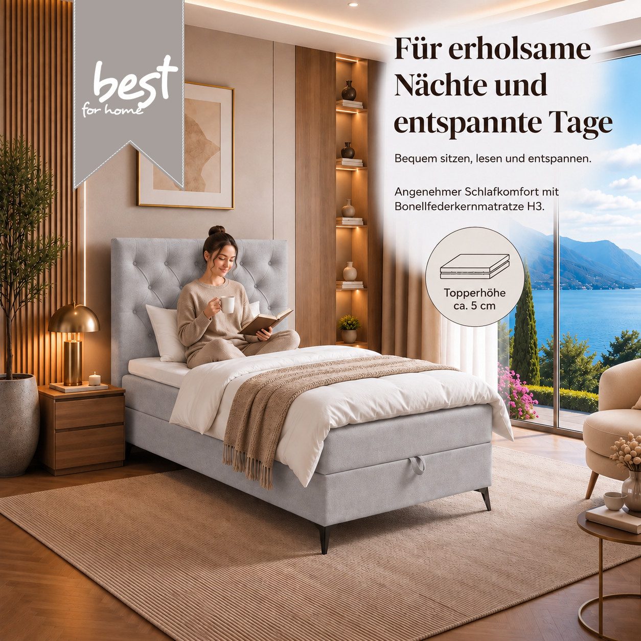 Best for Home Boxspringbett Bett K18 Single SLIM mit Bettkasten und Bonellfederkernmatratze (Einzelbett / Boxspringbett, 1-St., Boxspringbett-Set inklusive Matr – Bild 3 von 5