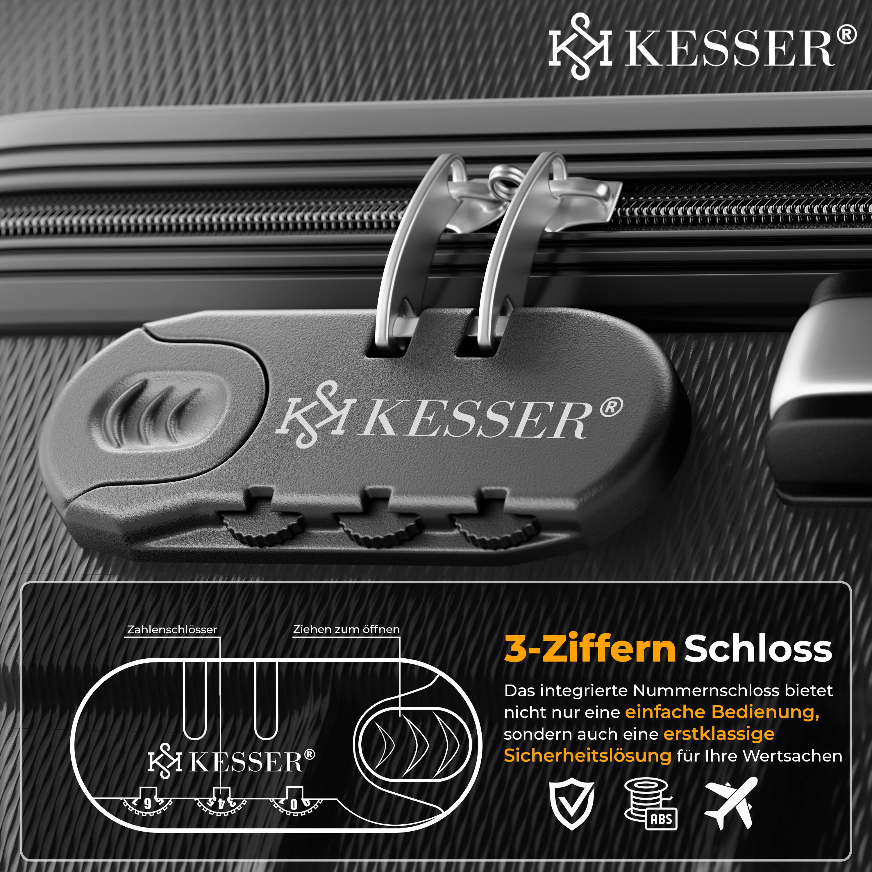 KESSER Hartschalen-Trolley Reisekoffer Handgepäck 55L Koffer Inkl. Kofferwaage + Gepäckanhänger, 4 Rollen, Rollkoffer ABS-Hartschale mit 4 Rollen, Zahlenschloss – Bild 3 von 5