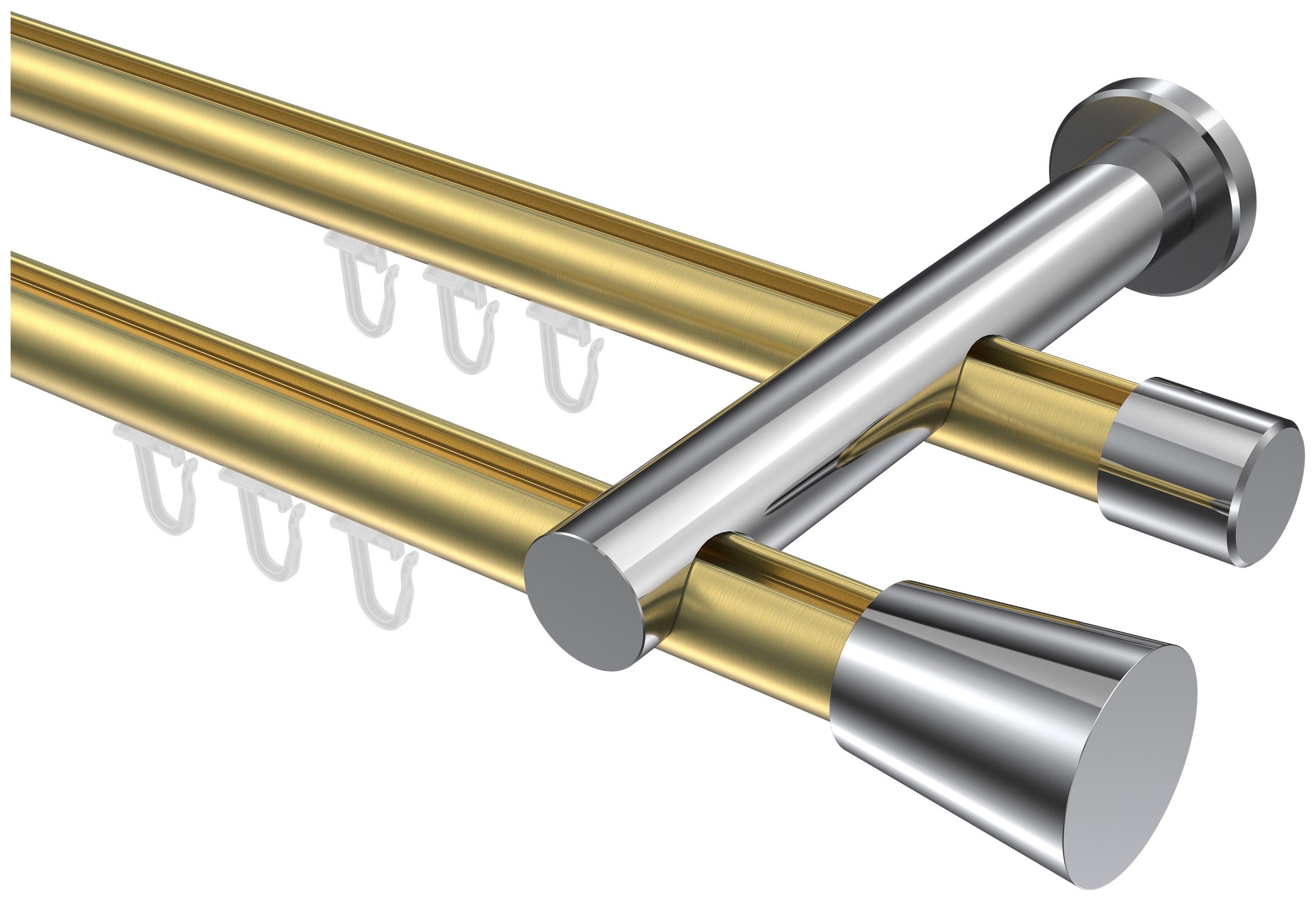 INTERDECO Gardinenstange Platon Sitra, Ø 20 mm, 2-läufig, Fixmaß, kürzbar, Wandmontage, Aluminium, Messing-Optik / Chrom / Bicolor