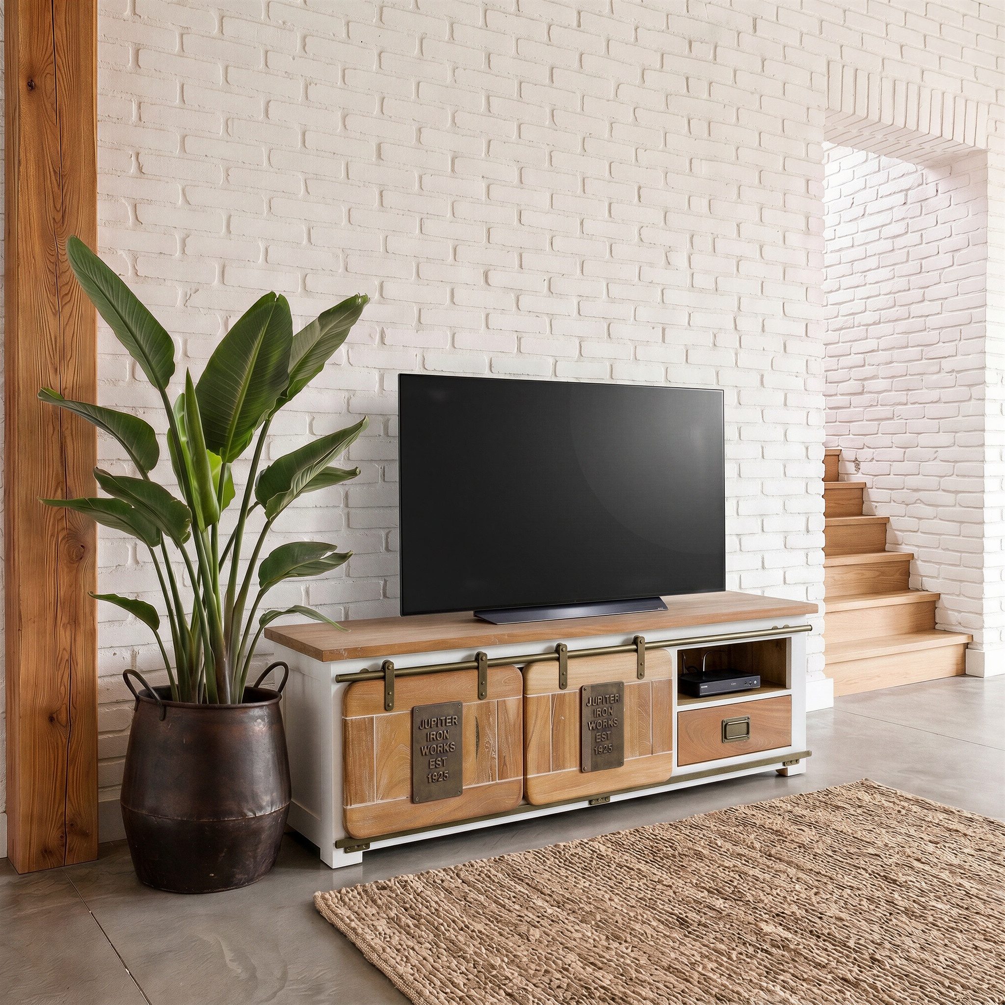Massivmoebel24 TV-Board RAILWAY (Massivholz), Mango 160x45x50 weiß lackiert RAILWAY #501