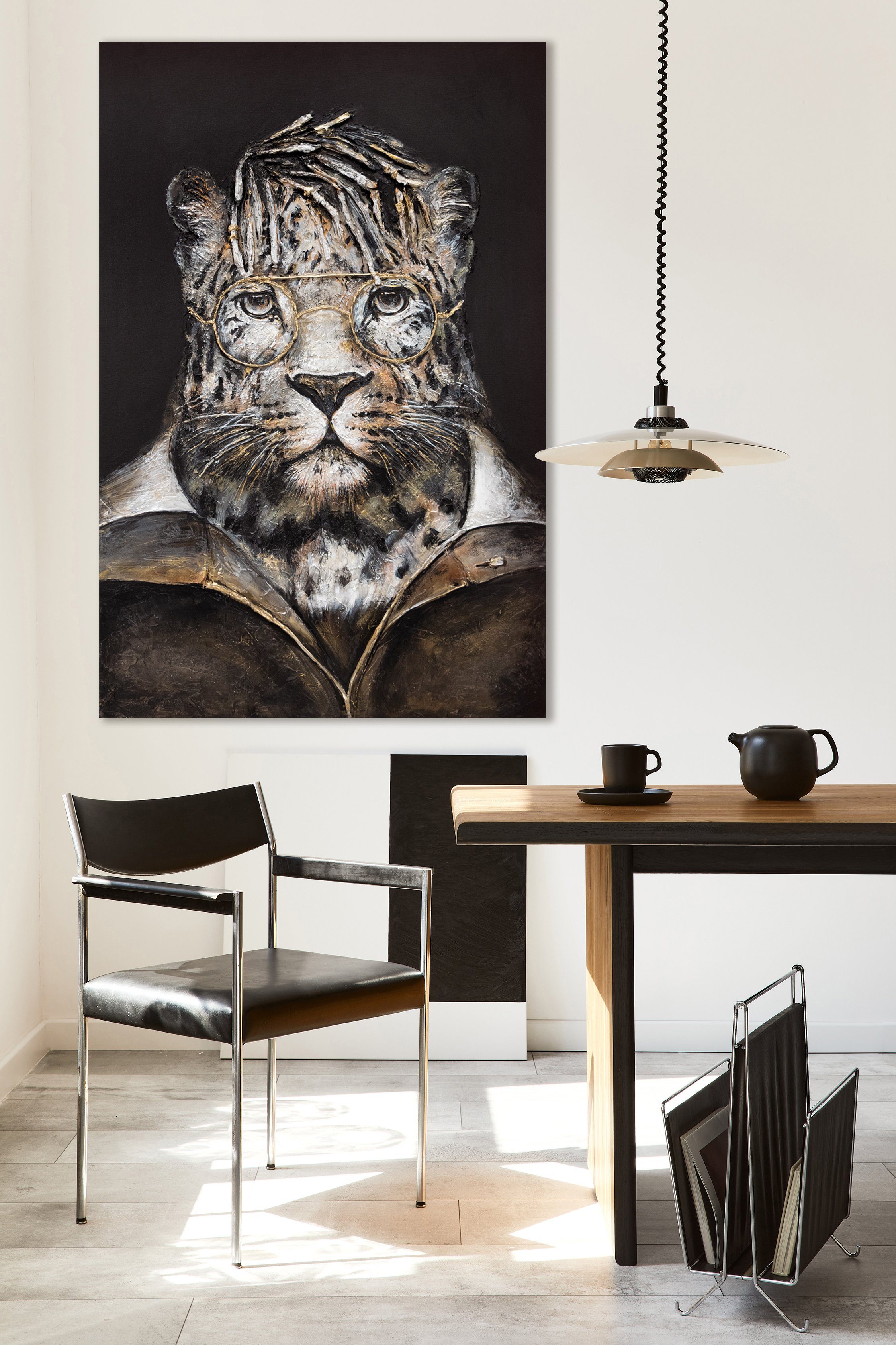 YS-Art Gemälde Temperament, Tiere, Leinwand Bild Leopard mit Brille Handgemalt Anzug mit Tier