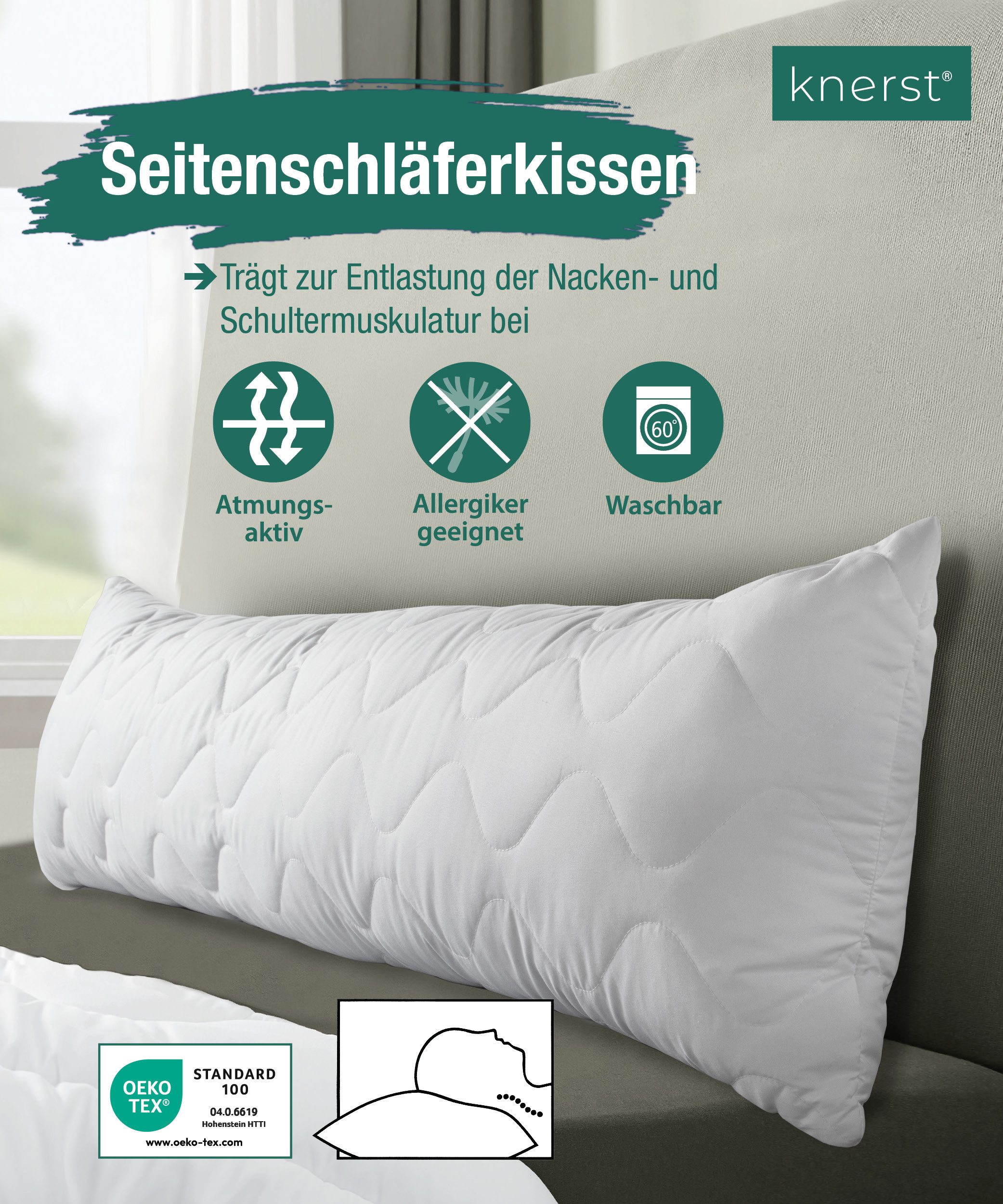 KNERST Seitenschläferkissen 40x145 cm, extra lang, Schwangerschaftskissen, 1-tlg., Pflegeleicht, formstabil & hygienisch - waschbar in der Waschmaschine
