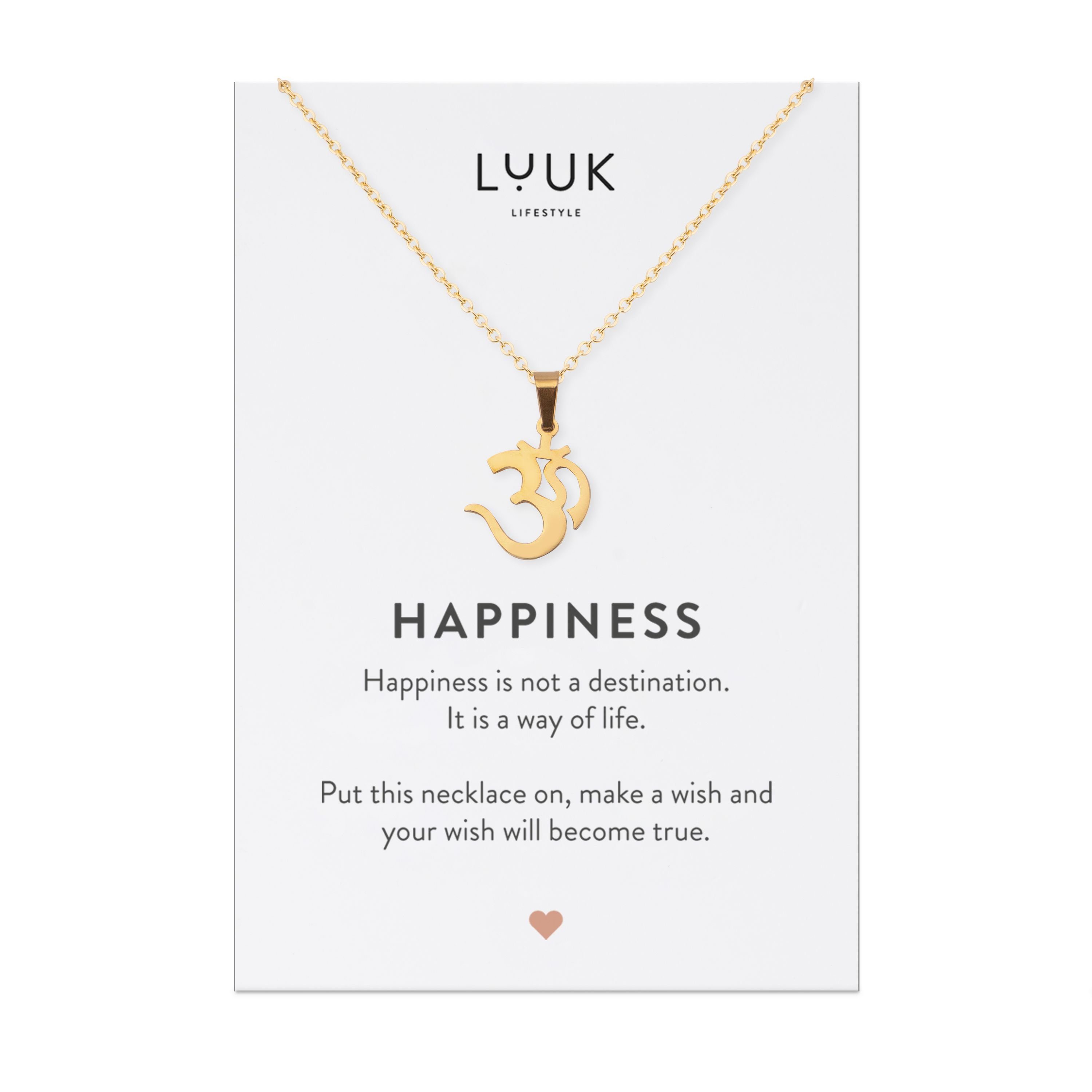 Om I Om LUUK Buddhistische Spruchkarte, Edelstahl, Modeaccessoire, I Kette Goa für Anhänger und Gold HAPPINESS Anhänger Goa, Damenschmuck, Hindu- Glücksbringer, Frauen, Geschenkidee mit LIFESTYLE und