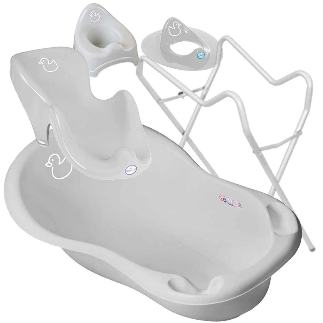 + Babybadeset SET – Pflege, Tega-Baby (Made DUCK Ständer + Töpf Gestell in 4 Premium + Set), WC + Wwanne Europe ** Weiss + Wanne Teile GRAU Badesitz ** - Babybadewanne Aufsatz