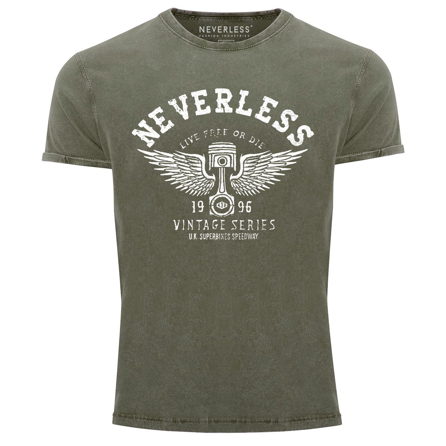 Neverless Print-Shirt Cooles Angesagtes Herren T-Shirt Vintage Shirt Retro Auto Kolben Used Look Slim Fit Neverless® mit Print oliv