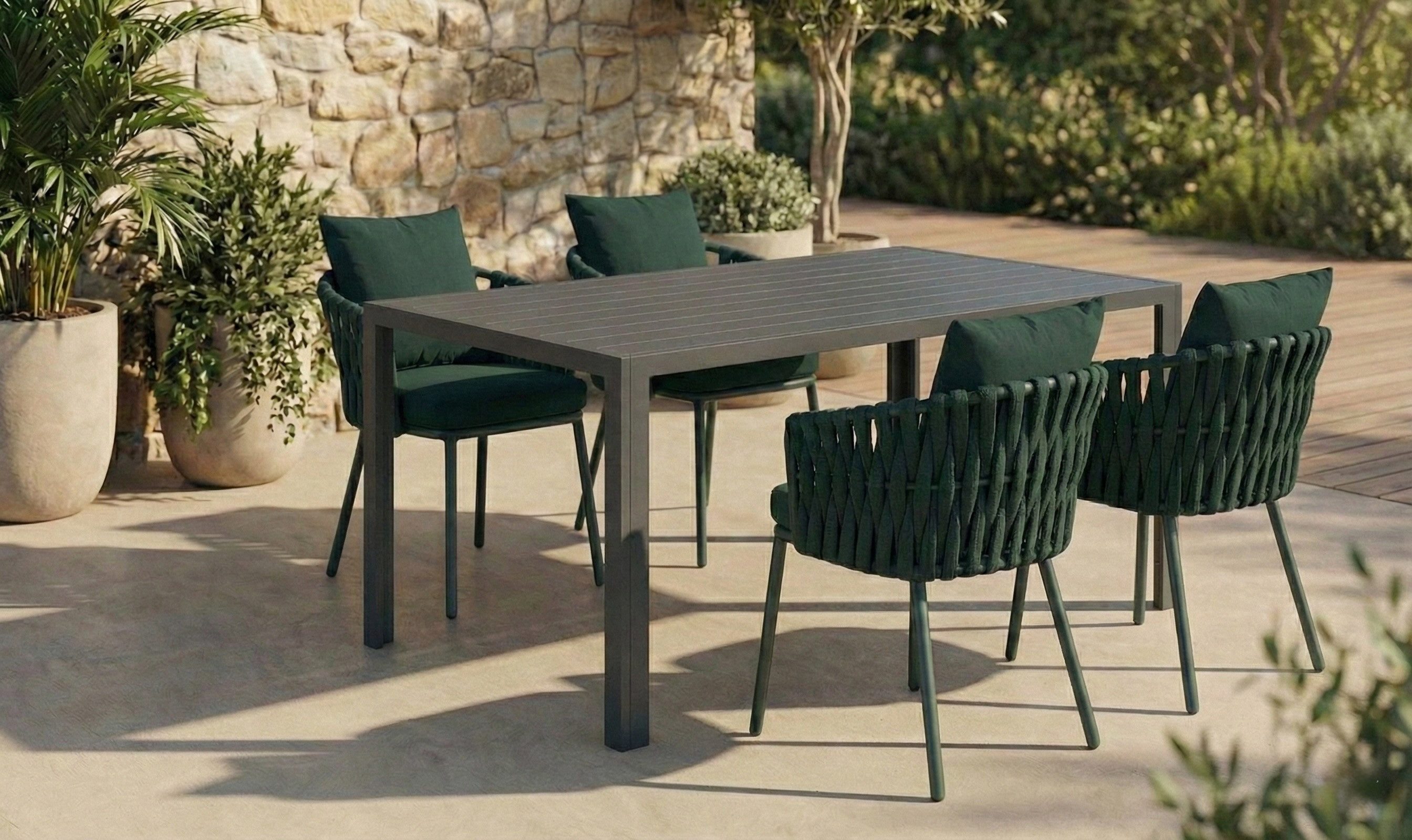 MCW Garten-Essgruppe Garten Alu Essgruppe Outdoor mit 140cm Tisch und 4 Geflecht Stühlen