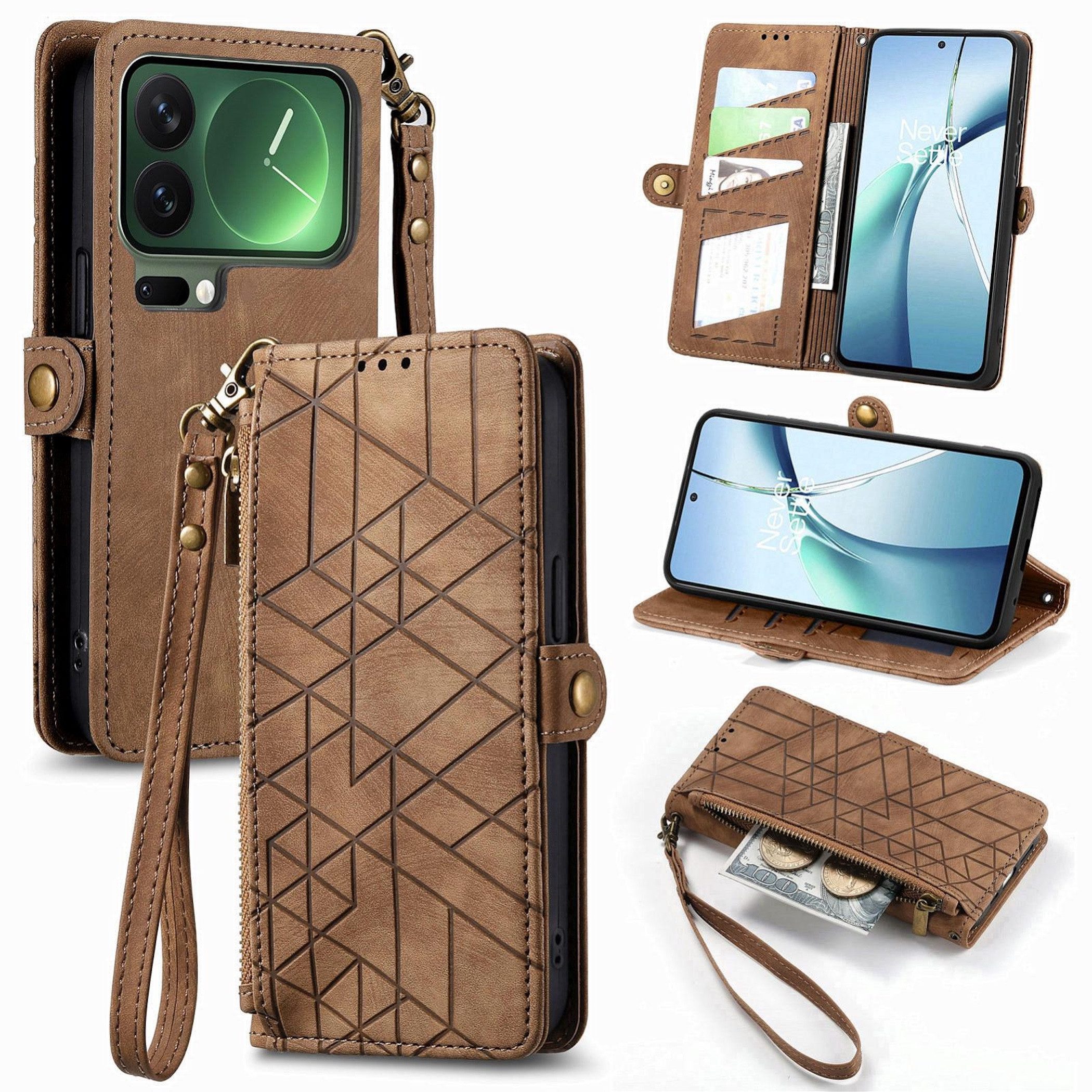 Wigento Handyhülle Für Xiaomi 17 Pro Max Geometric Kunstleder Zipper Book Hülle Braun, Kartenfächer, Reißverschlussfach, Standfunktion