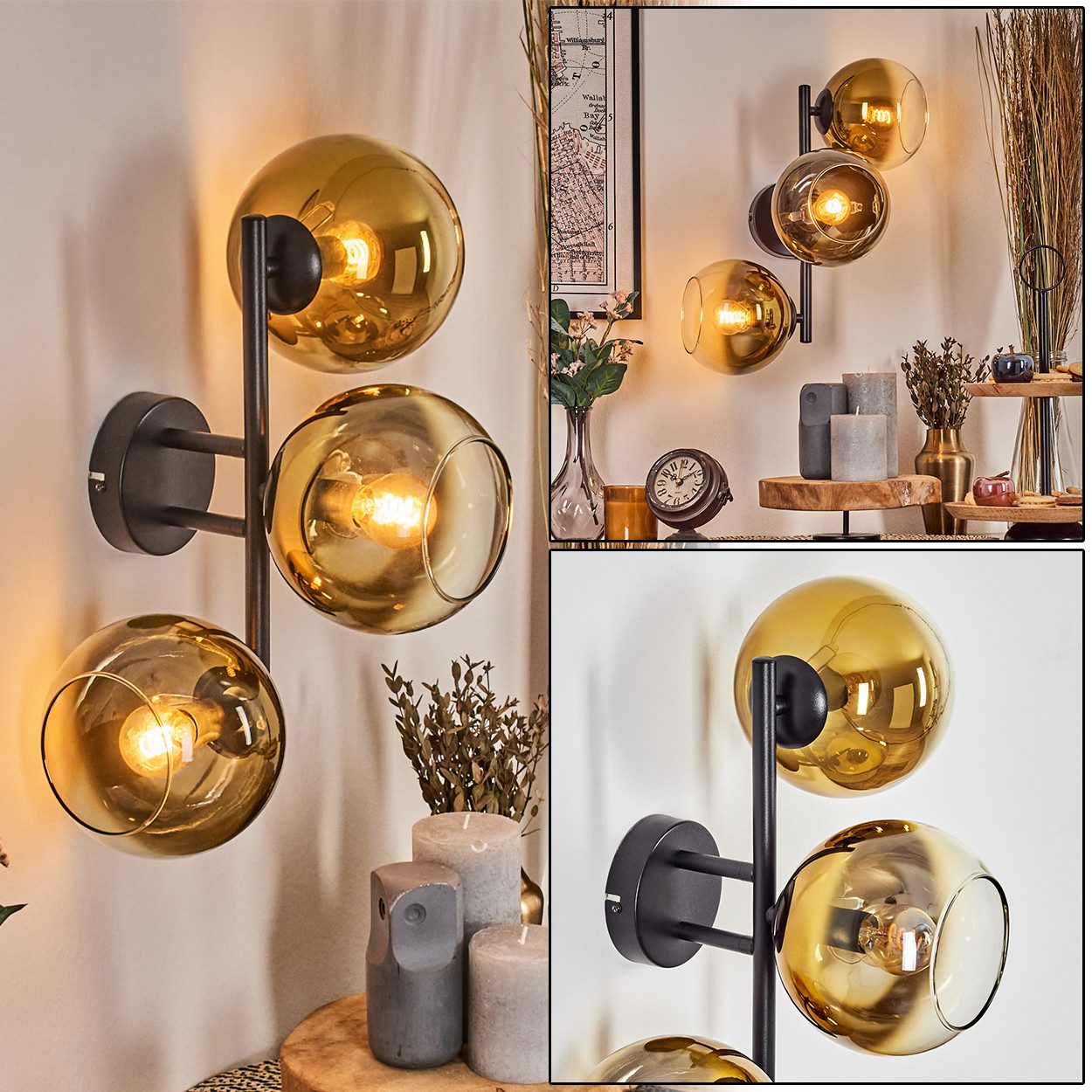 hofstein Wandleuchte Wandlampe aus Metall/Glas in Schwarz/Gold/Klar, moderne Leuchte im Retro/Vintage-Design (15 cm), E14, Wohnzimmer