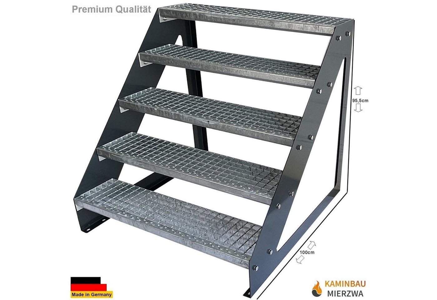 Thumbnail - Kaminbau Mierzwa Außentreppe Premium Treppe Anthrazit Freistehend, für Geschosshöhen bis 95.00 cm, Stufen Gitterroststuf...