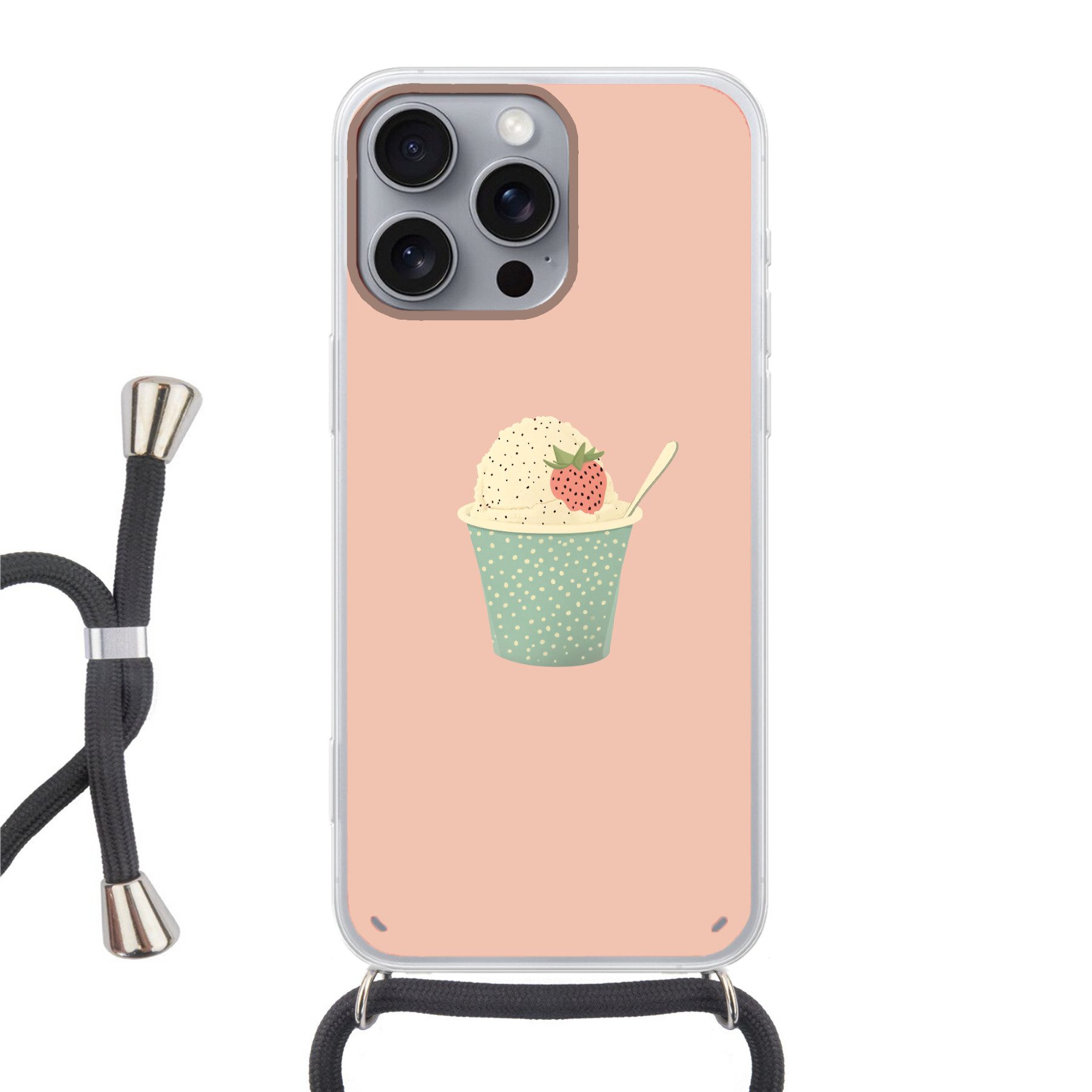 MuchoWow Handyhülle für Apple iPhone 16 Pro Max Tablett - Eiscreme - Erdbeere - Rosa, Tragbare Handyhüllen mit Kette zum umhängen, Handykette Handyband