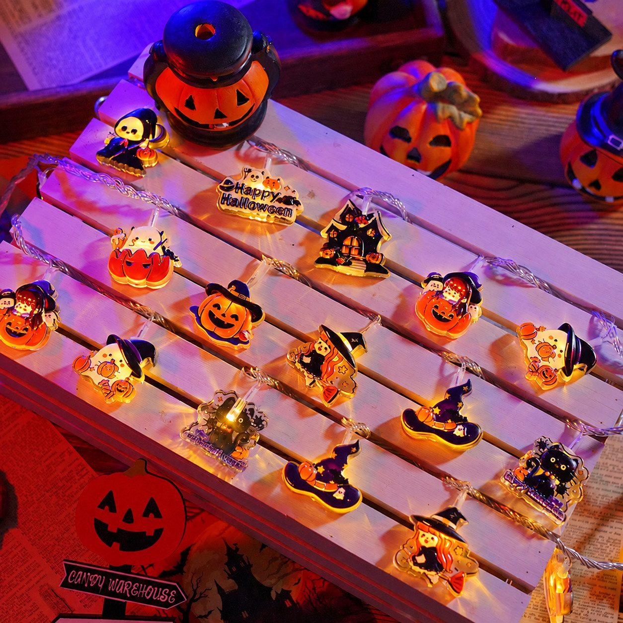 nsihing LED-Lichterkette Halloween Lichterkette 20 LED, Kürbis- & Geisterlichter, Batteriebetrieben mit Blinkmodi für Innen & Außen – Bild 4 von 5