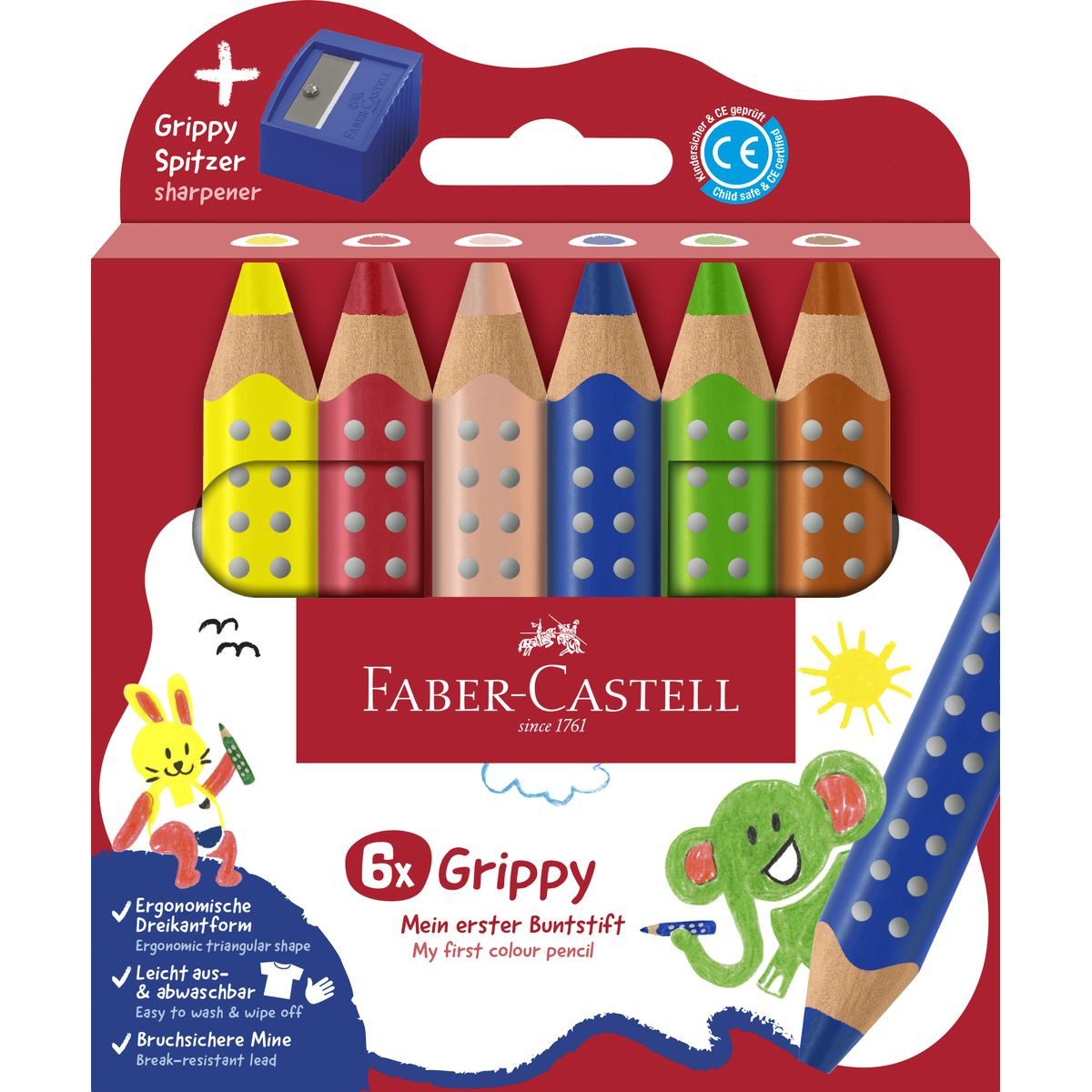 Faber-Castell Buntstift FABER-CASTELL Buntstifte Grippy mit Spitzer 6 Stück