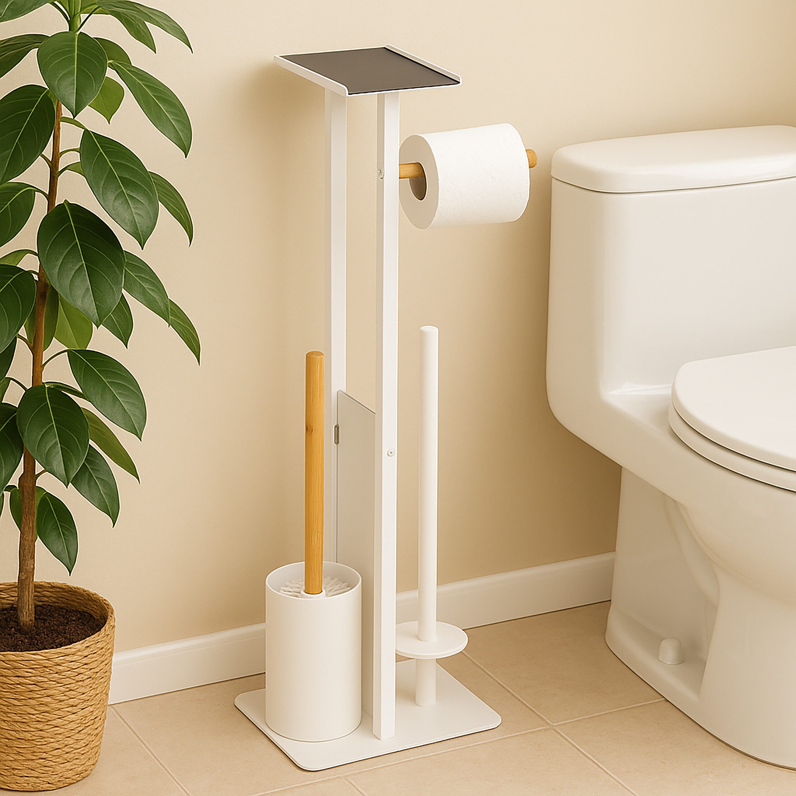 relaxdays WC-Garnitur Metall & Bambus, weiß günstig online kaufen