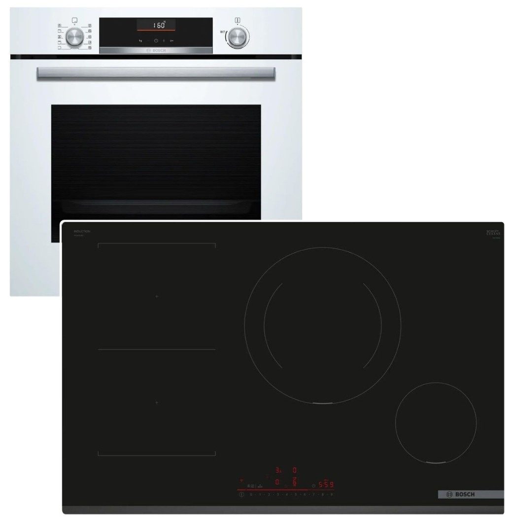 BOSCH Backofen-Set Einbaubackofen Air Fry + Induktionskochfeld 80cm CombiZone Booster, mit Nein, EcoClean Direct
